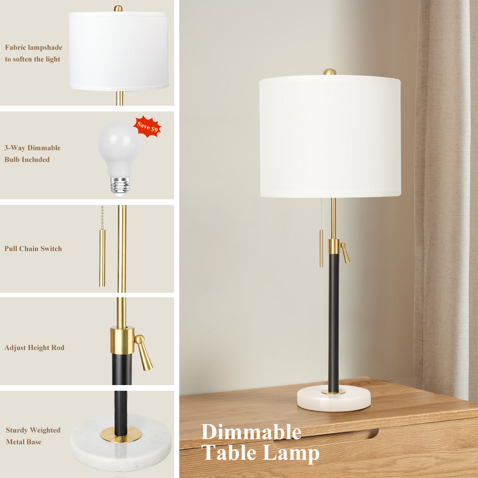Marble Lift Function Table Lamp 30in-2Pack