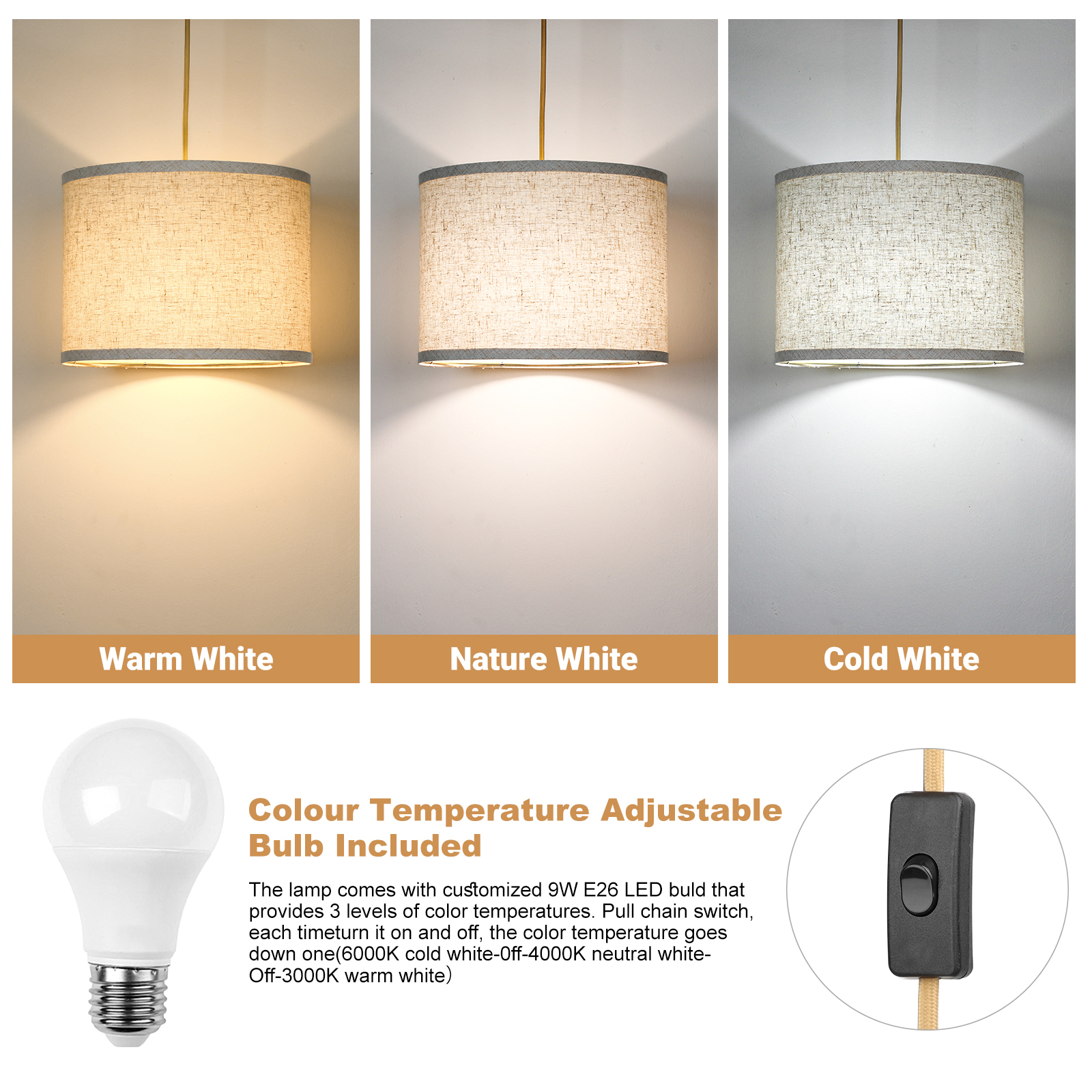 Plug in Pendant Light, 3 Way Bulb, 14ft Cord, On/Off Switch