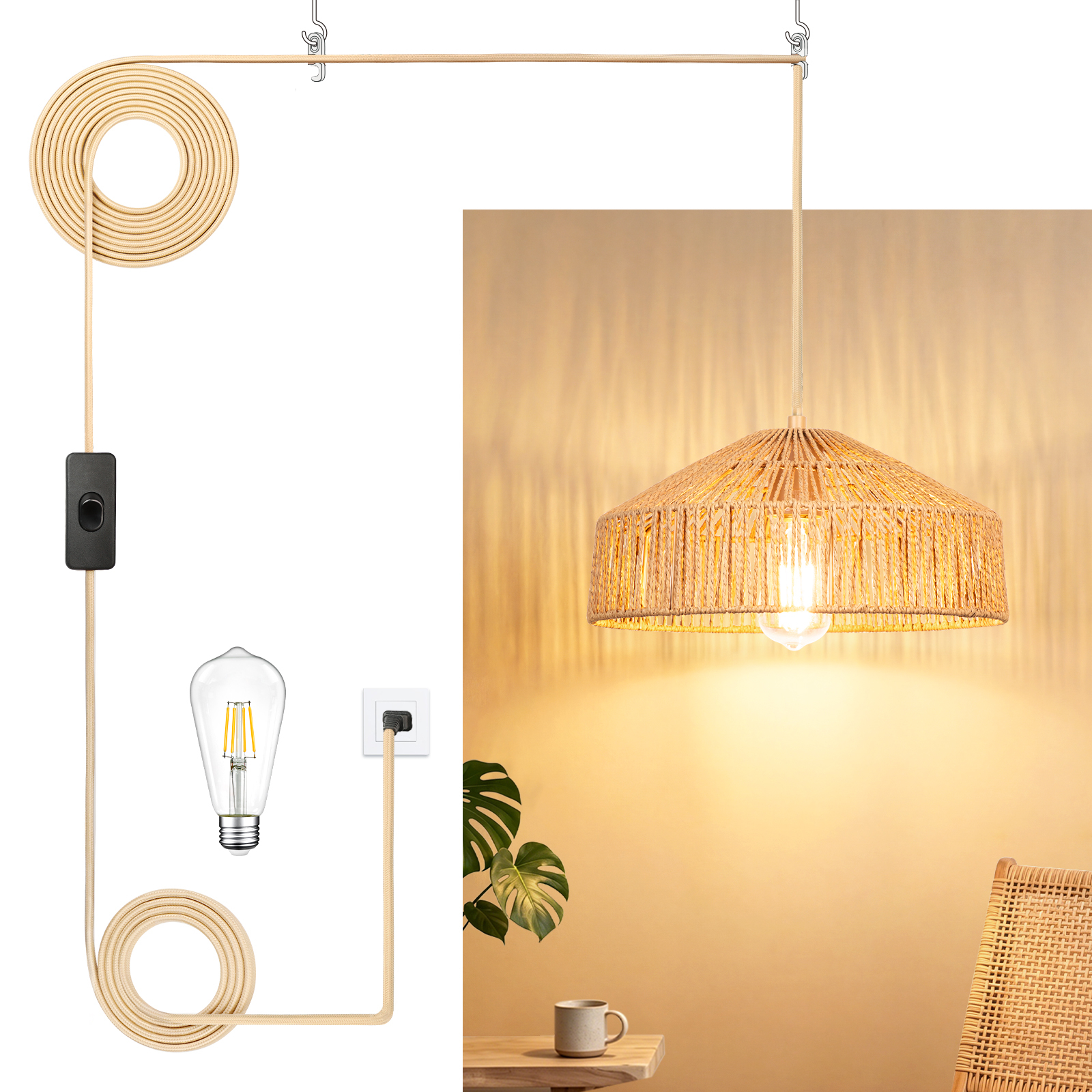 Rattan lampshade hanging lamp