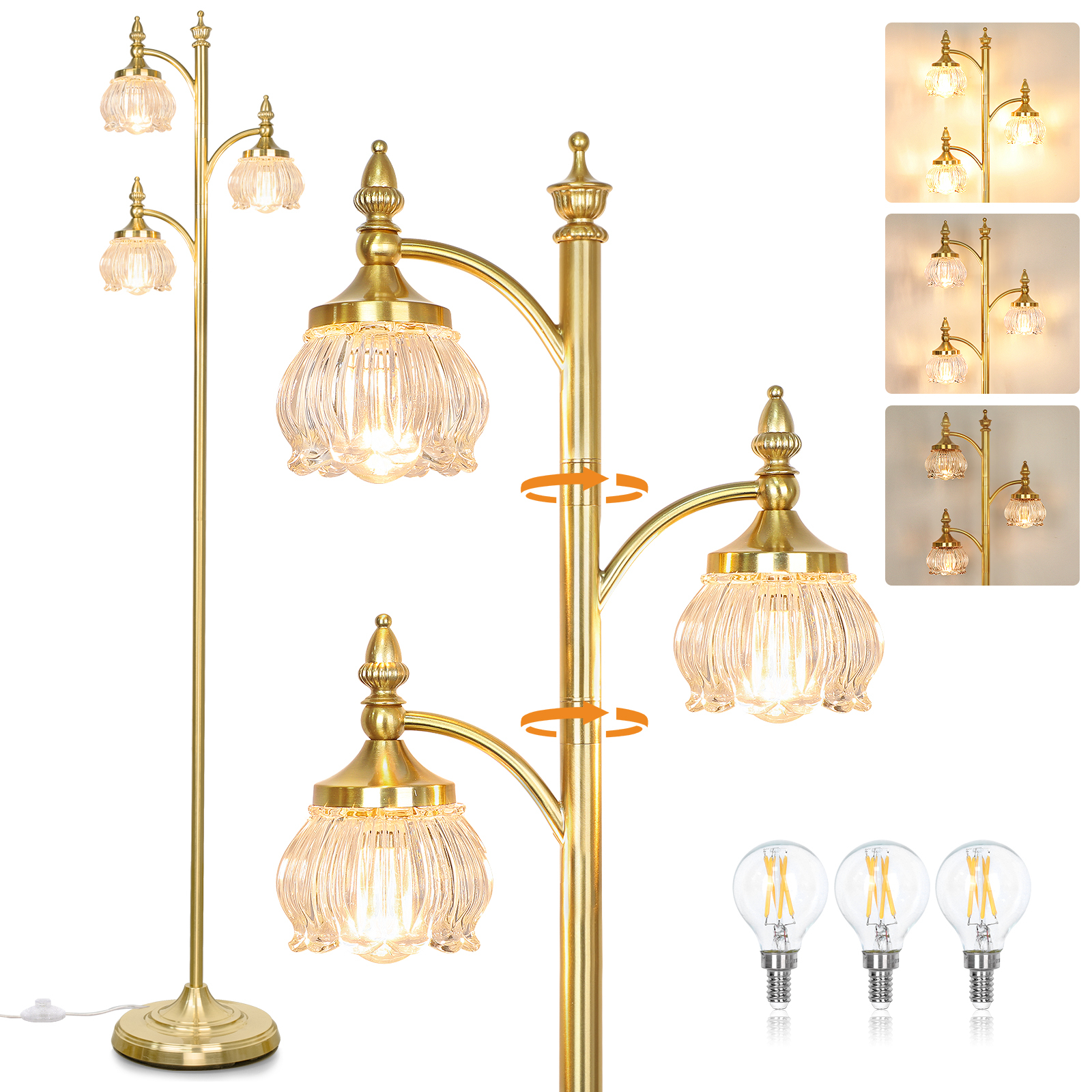 Metal & glass shade floor lamp 3 heads