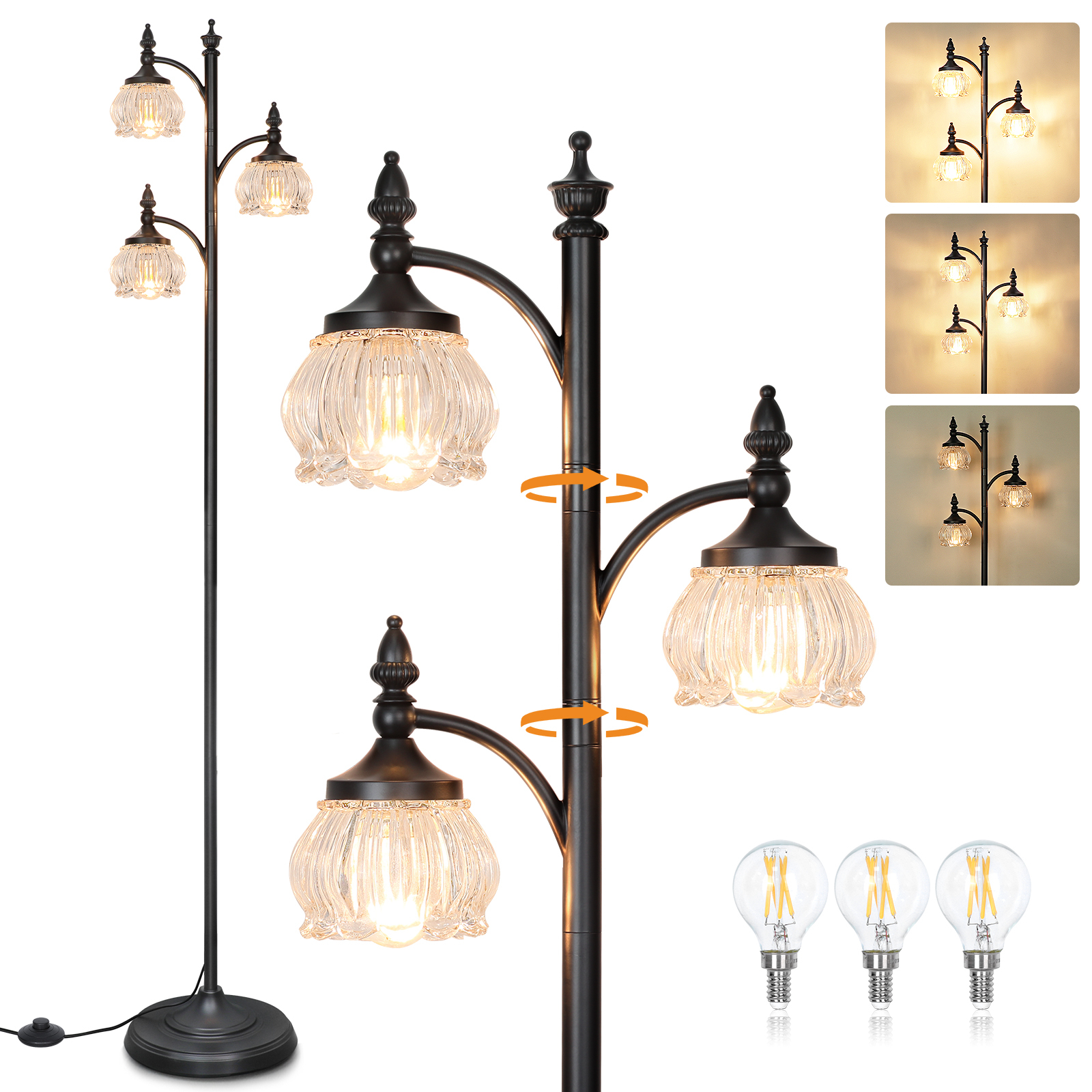 Metal & glass shade floor lamp 3 heads