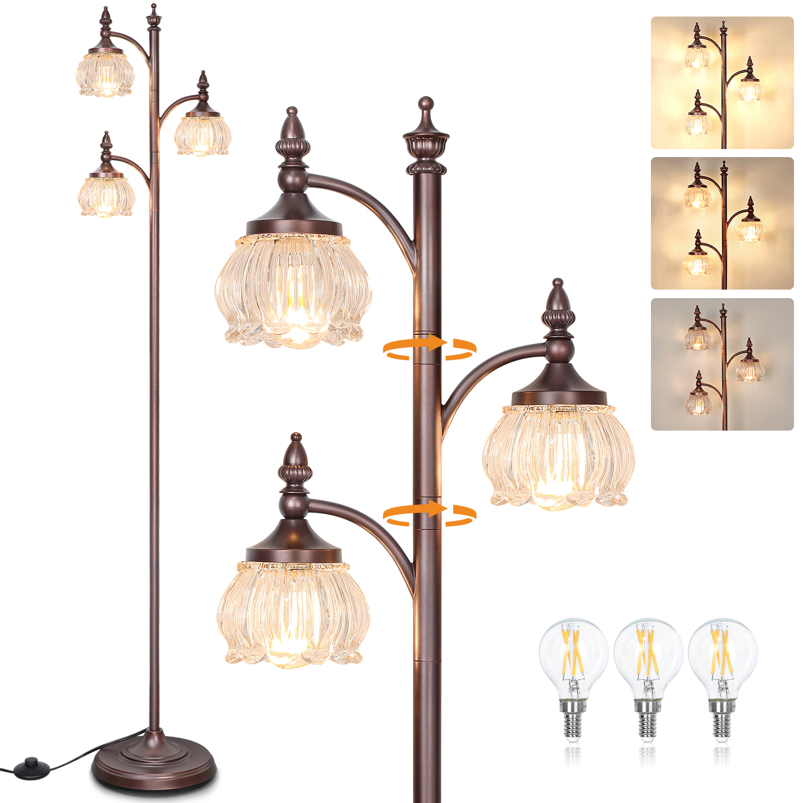 Metal & glass shade floor lamp 3 heads