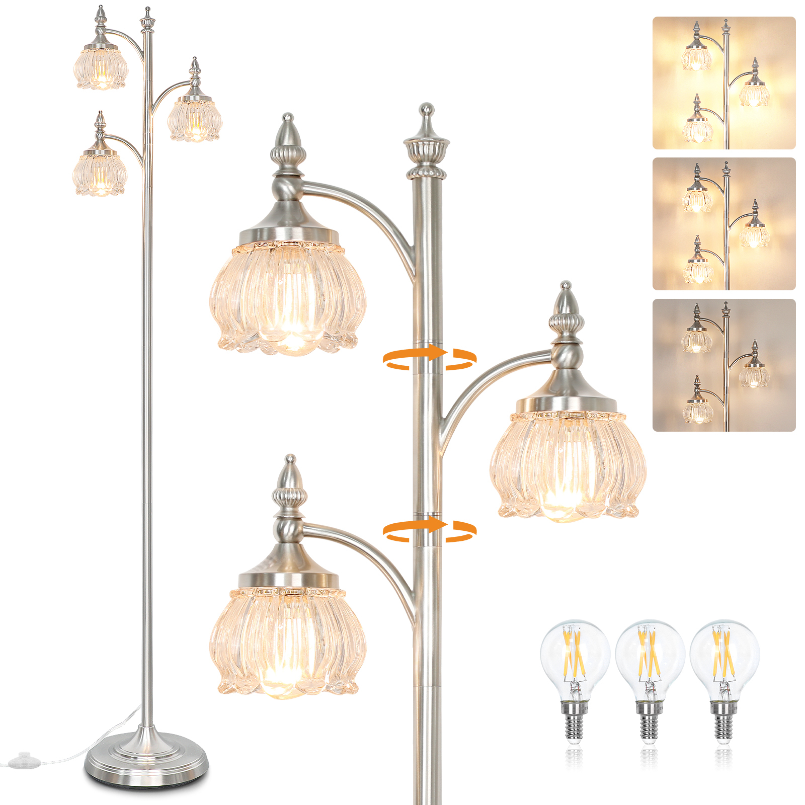 Metal & glass shade floor lamp 3 heads