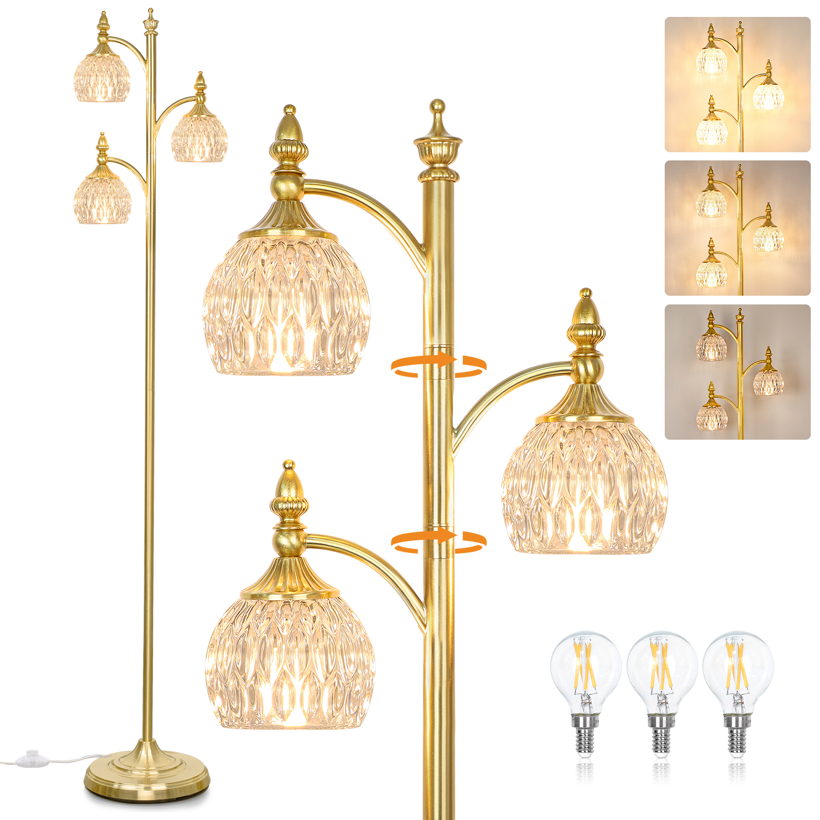 Metal & glass shade floor lamp 3 heads