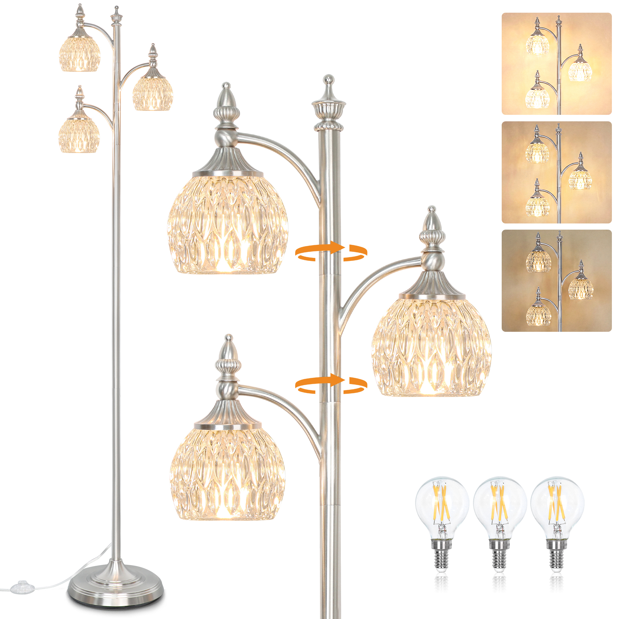 Metal & glass shade floor lamp 3 heads