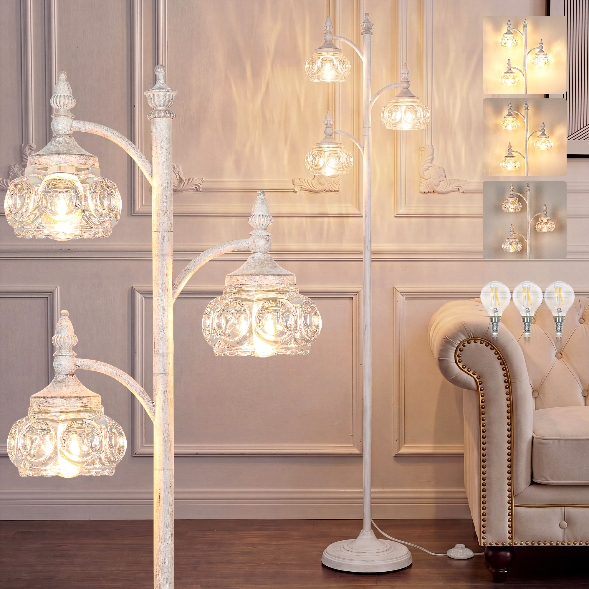 Metal & glass shade floor lamp 3 heads