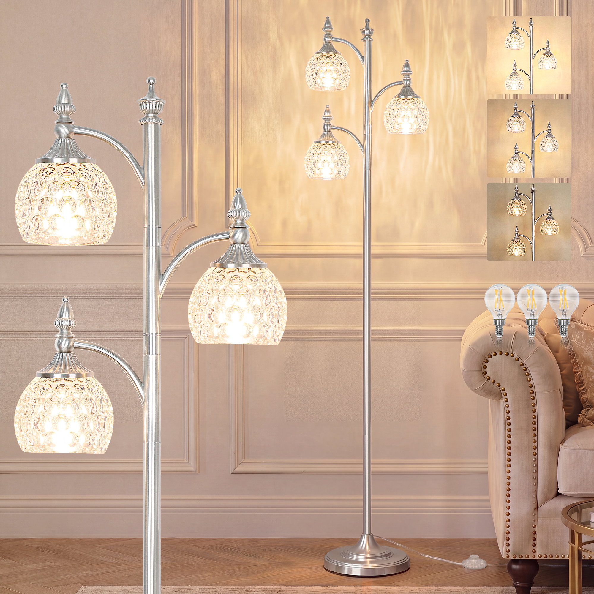 Metal & glass shade floor lamp 3 heads