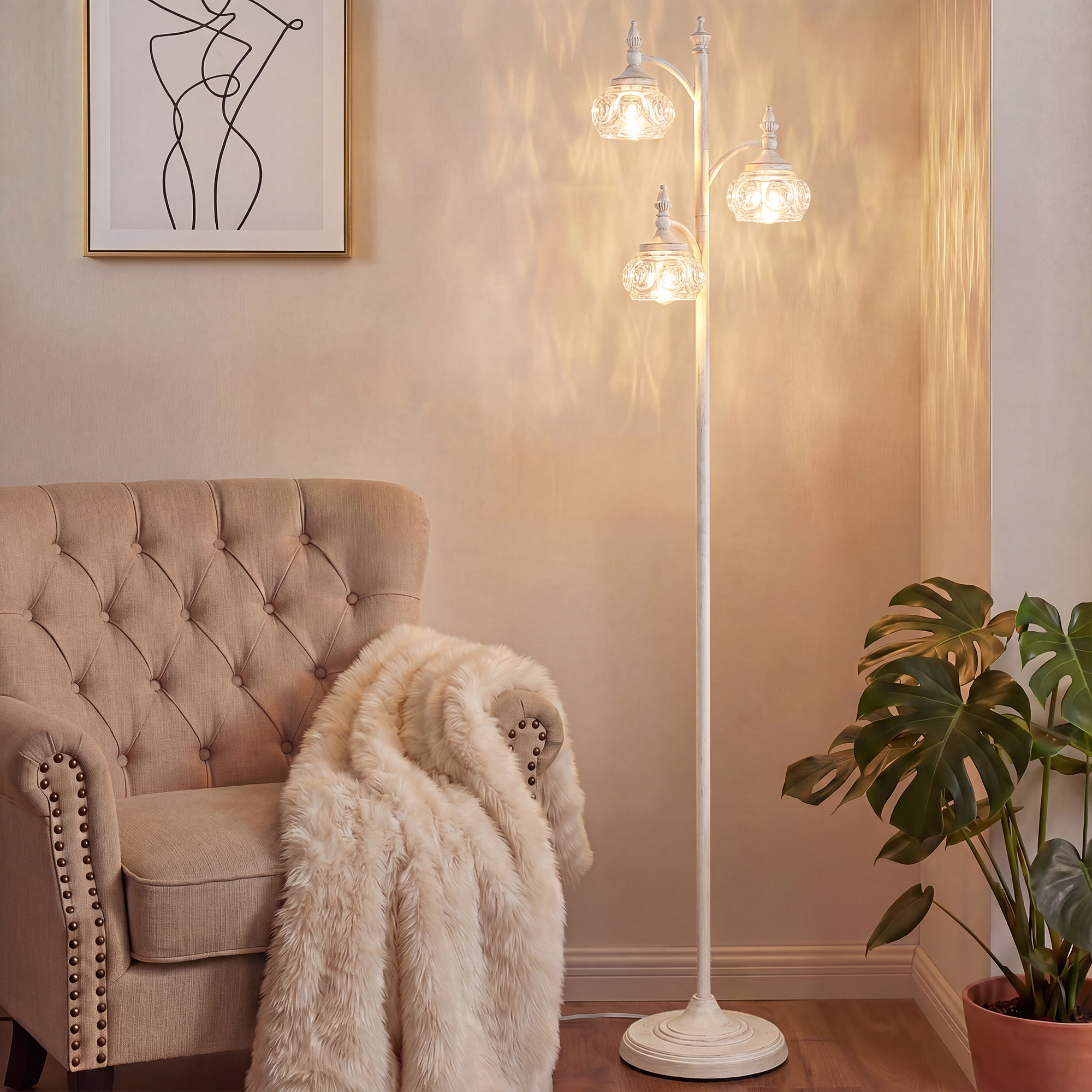 Metal & glass shade floor lamp 3 heads