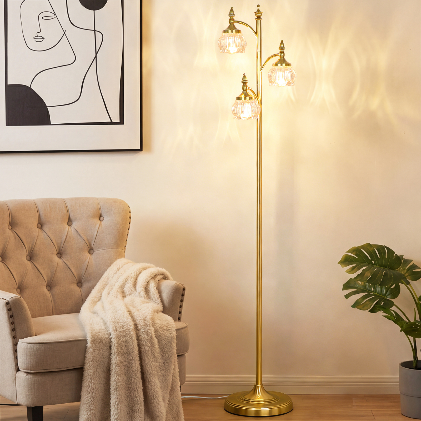 Metal & glass shade floor lamp 3 heads