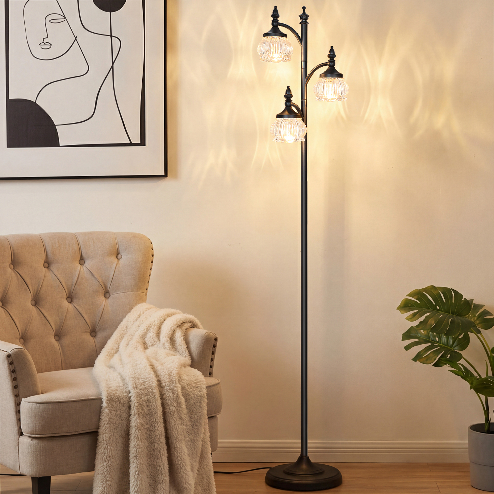 Metal & glass shade floor lamp 3 heads