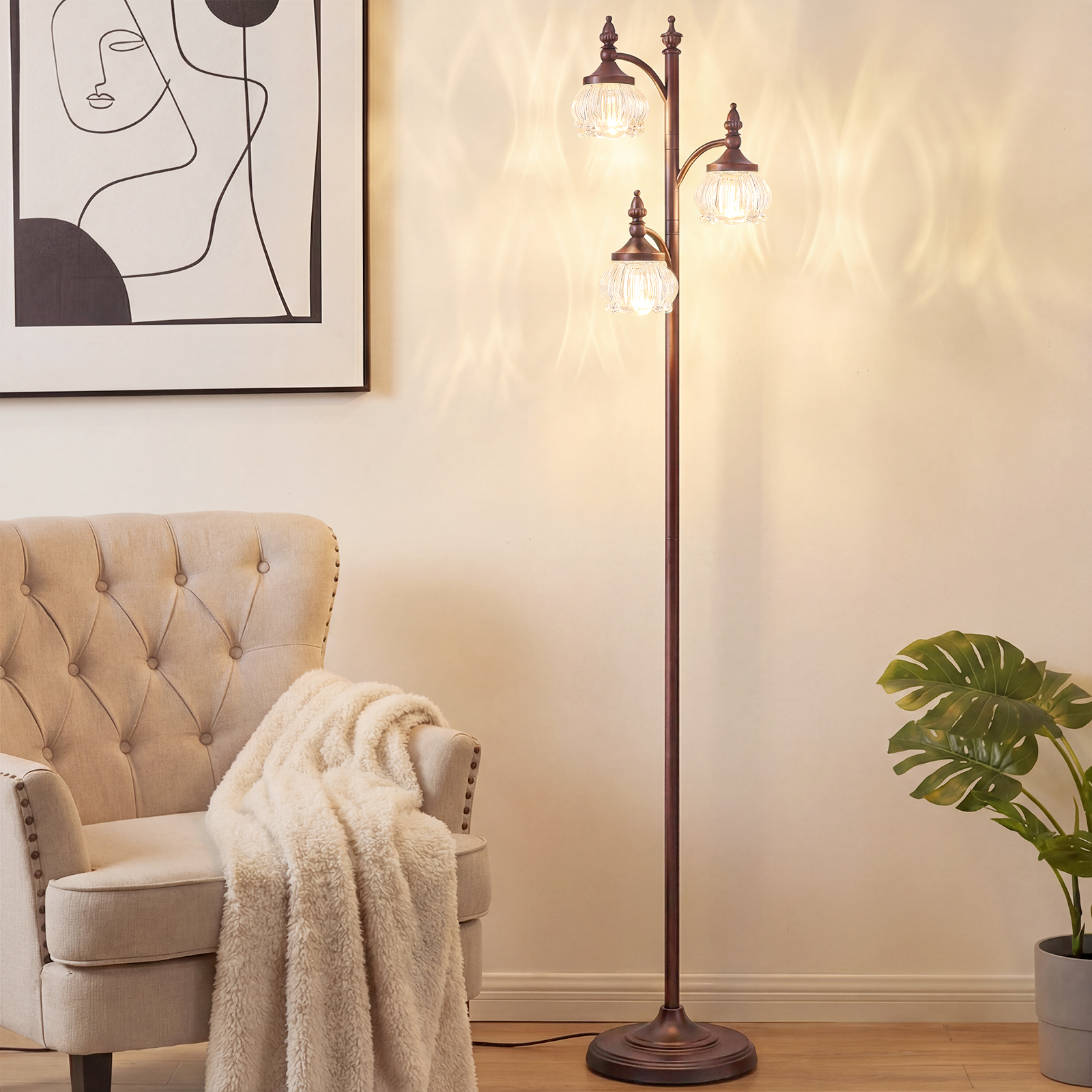 Metal & glass shade floor lamp 3 heads