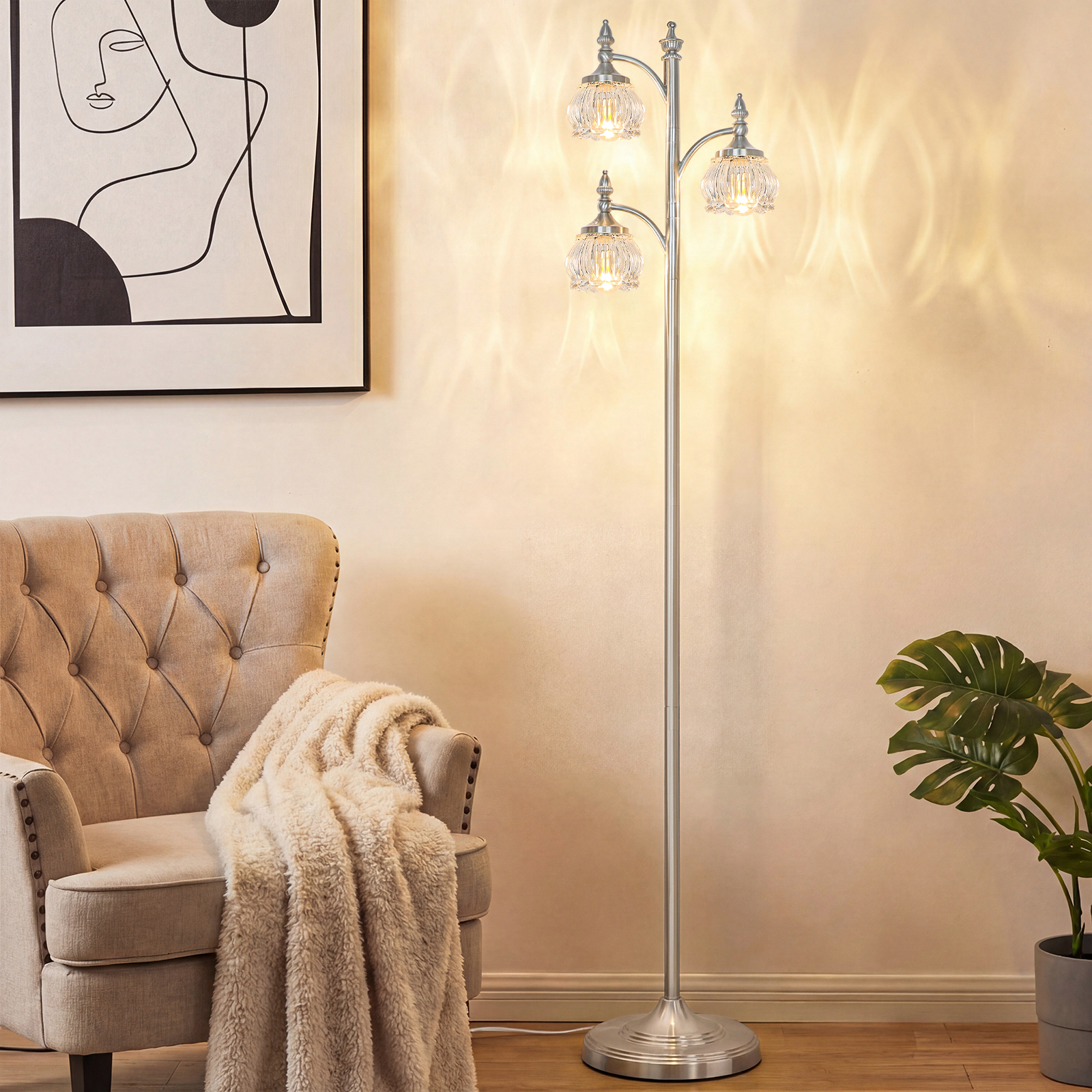 Metal & glass shade floor lamp 3 heads