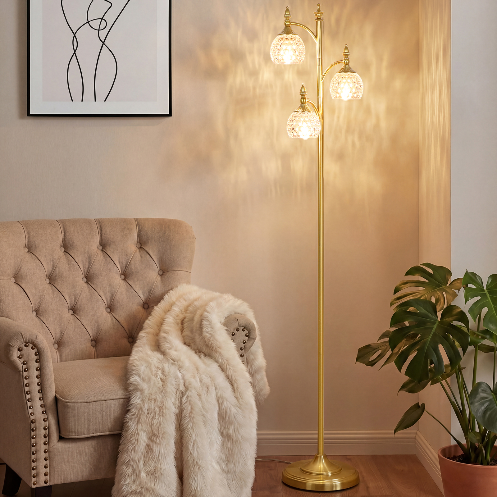 Metal & glass shade floor lamp 3 heads
