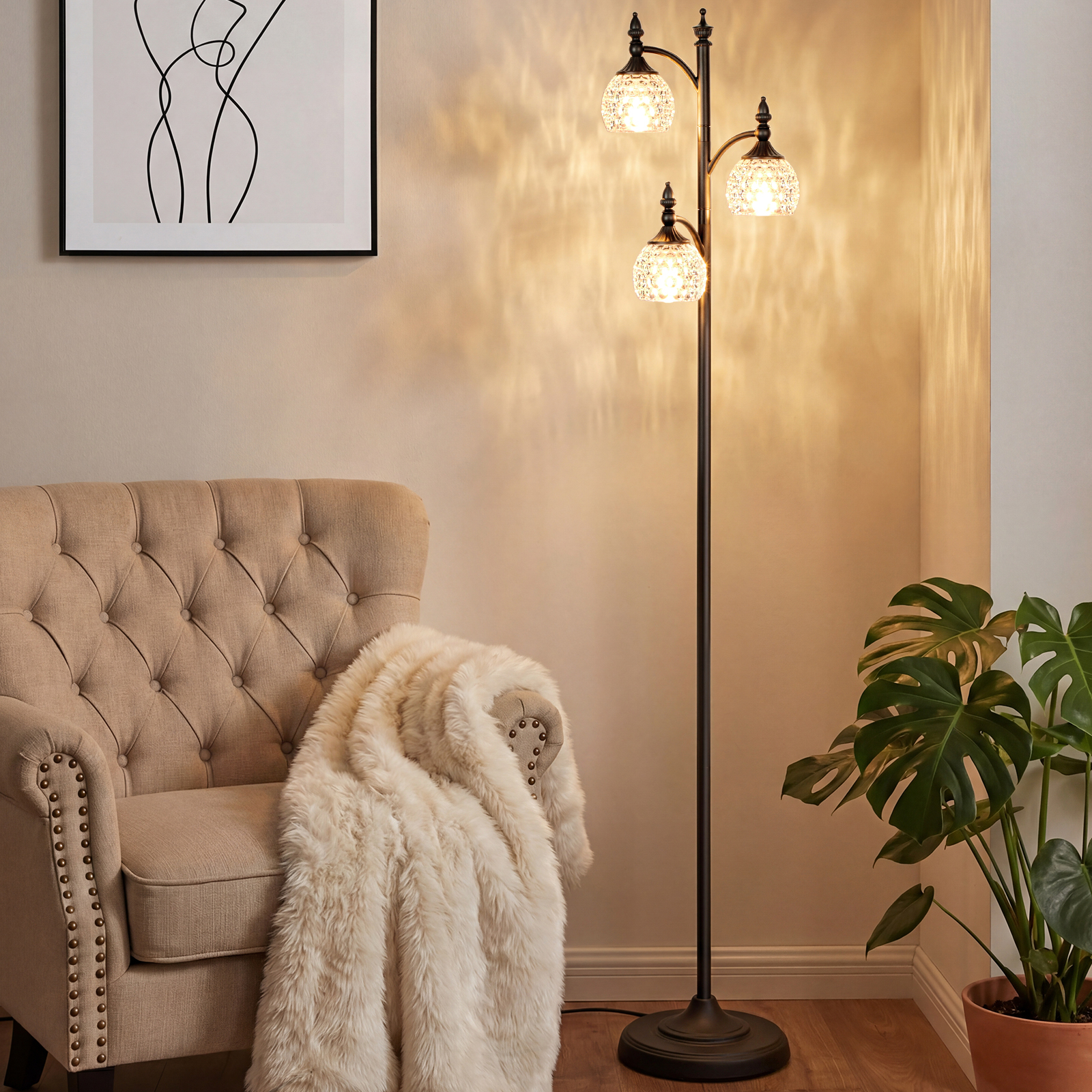 Metal & glass shade floor lamp 3 heads