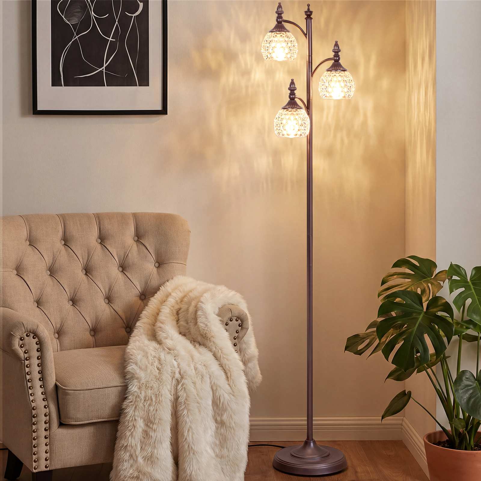 Metal & glass shade floor lamp 3 heads