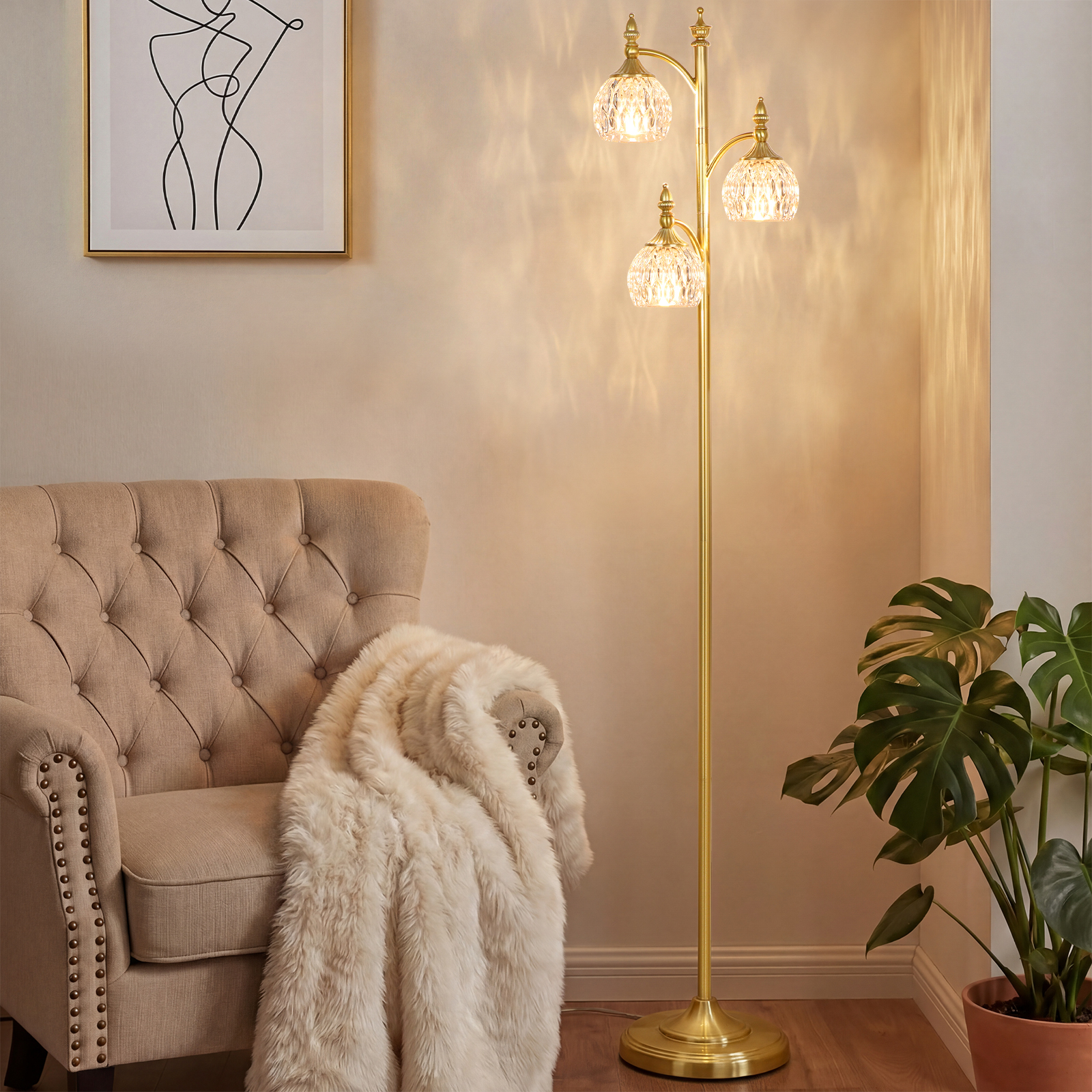 Metal & glass shade floor lamp 3 heads