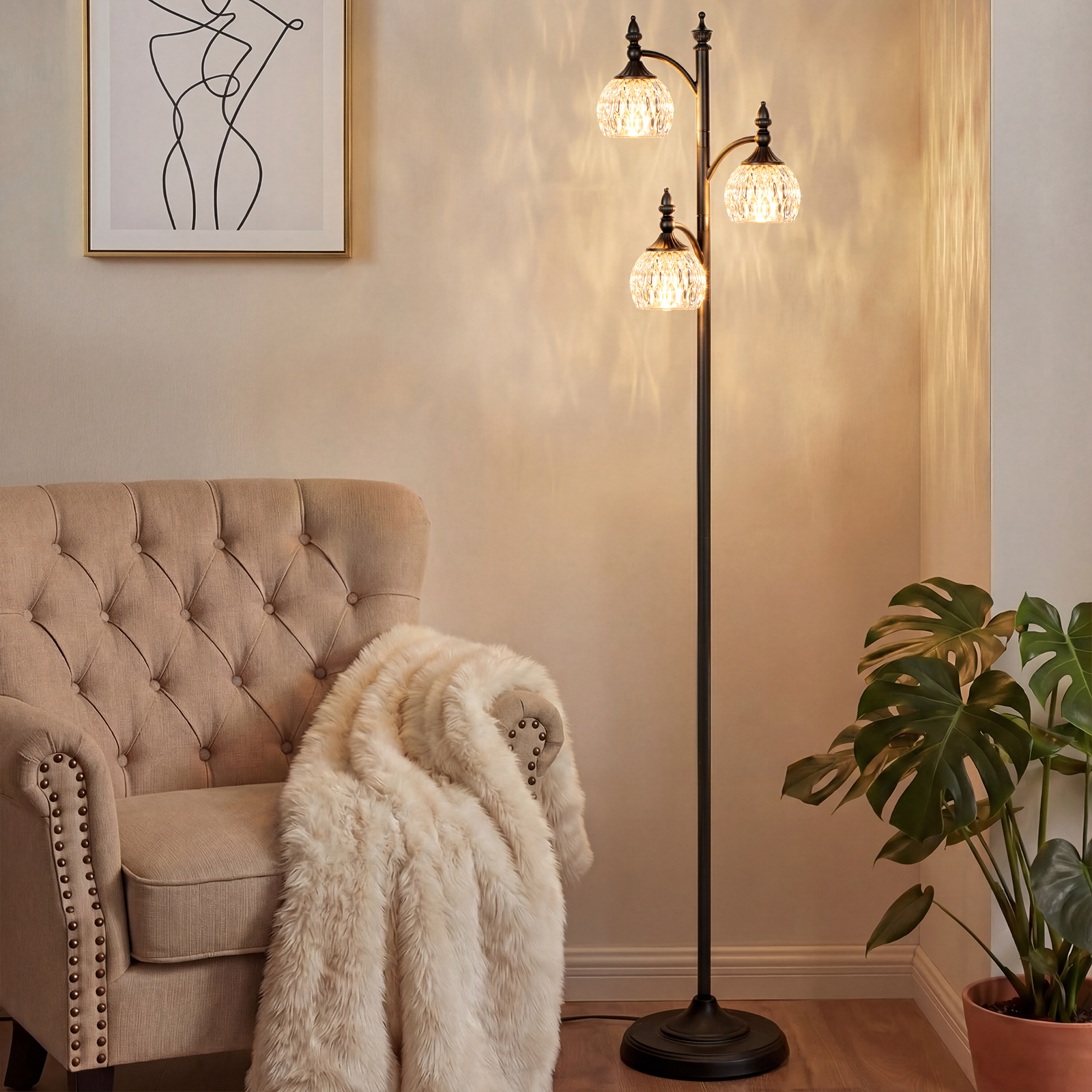 Metal & glass shade floor lamp 3 heads
