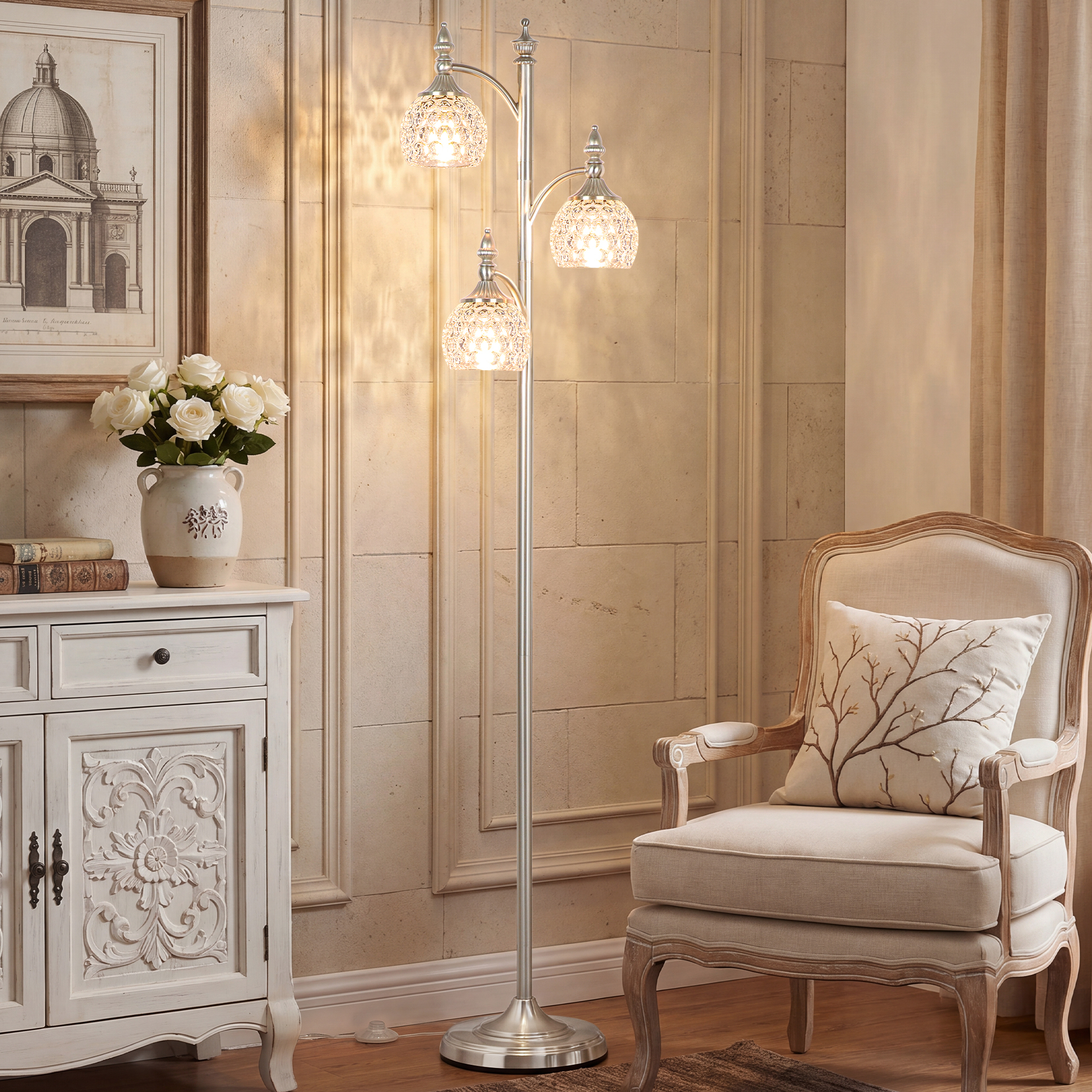 Metal & glass shade floor lamp 3 heads