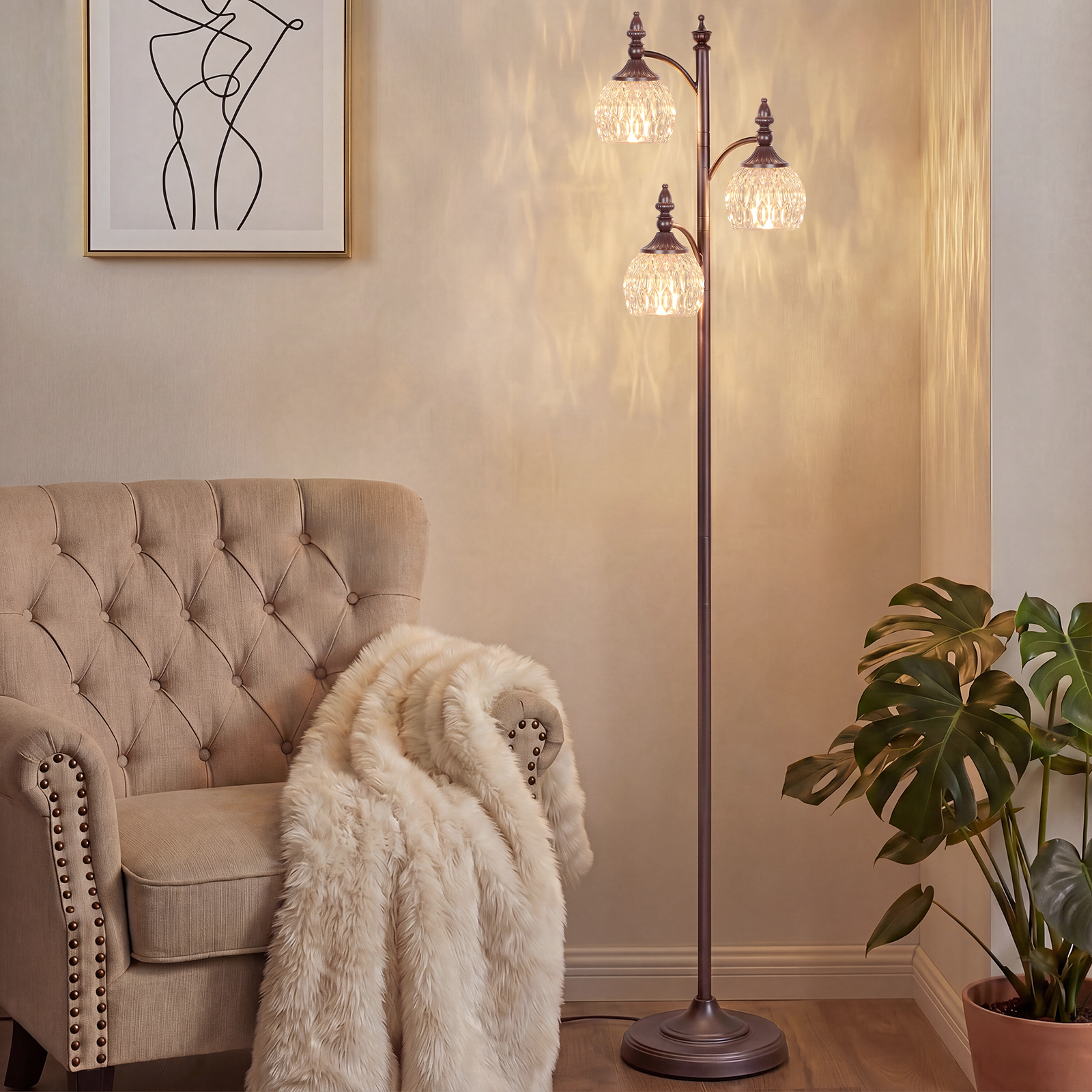 Metal & glass shade floor lamp 3 heads