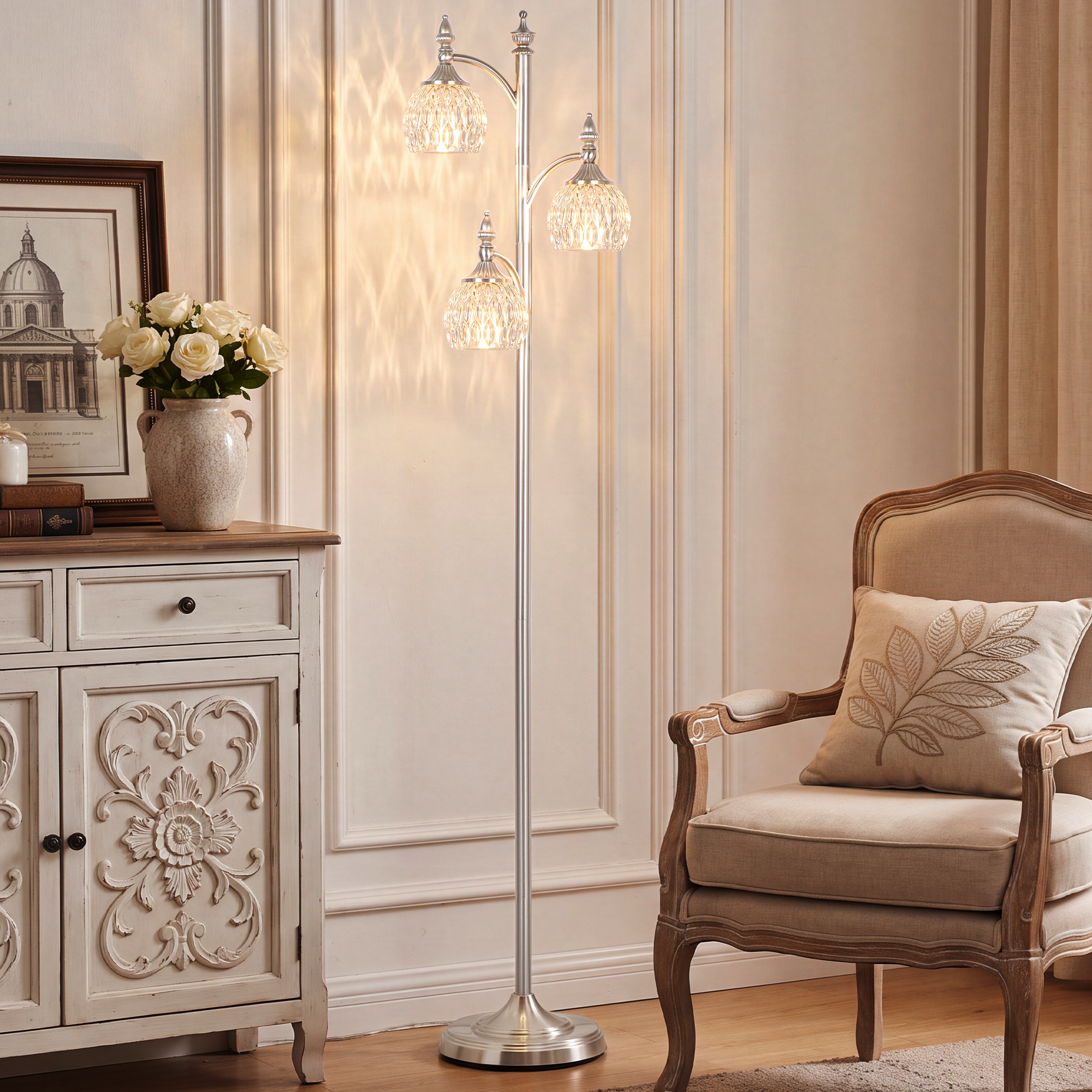 Metal & glass shade floor lamp 3 heads