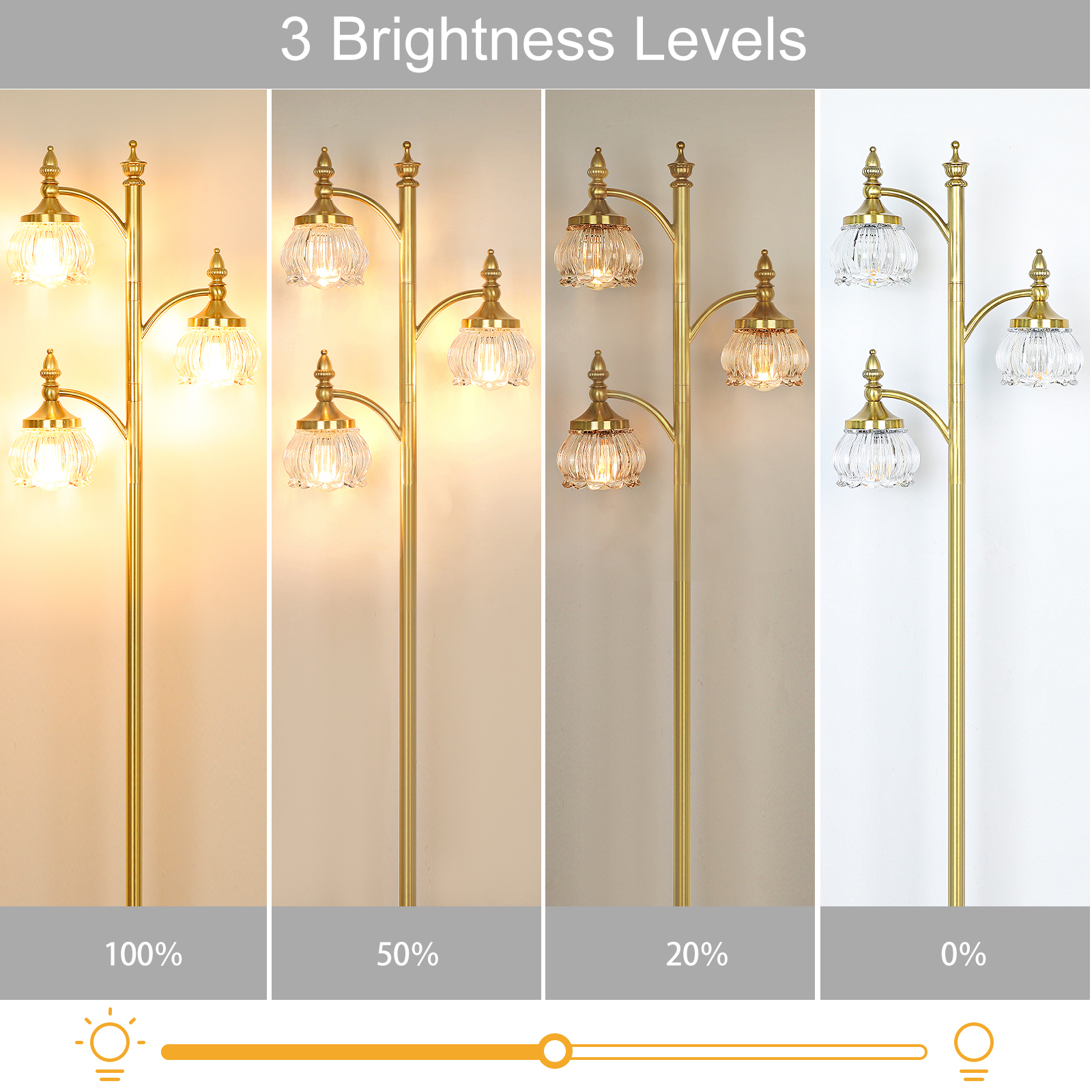 Metal & glass shade floor lamp 3 heads