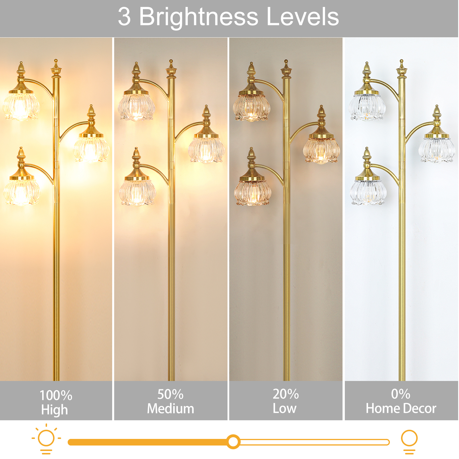 Metal & glass shade floor lamp 3 heads