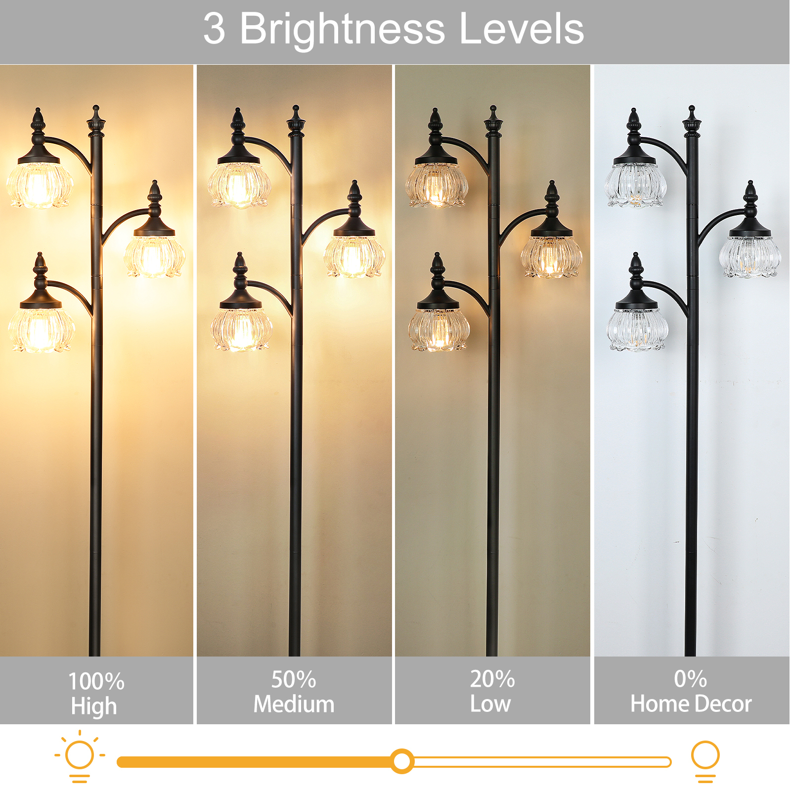 Metal & glass shade floor lamp 3 heads