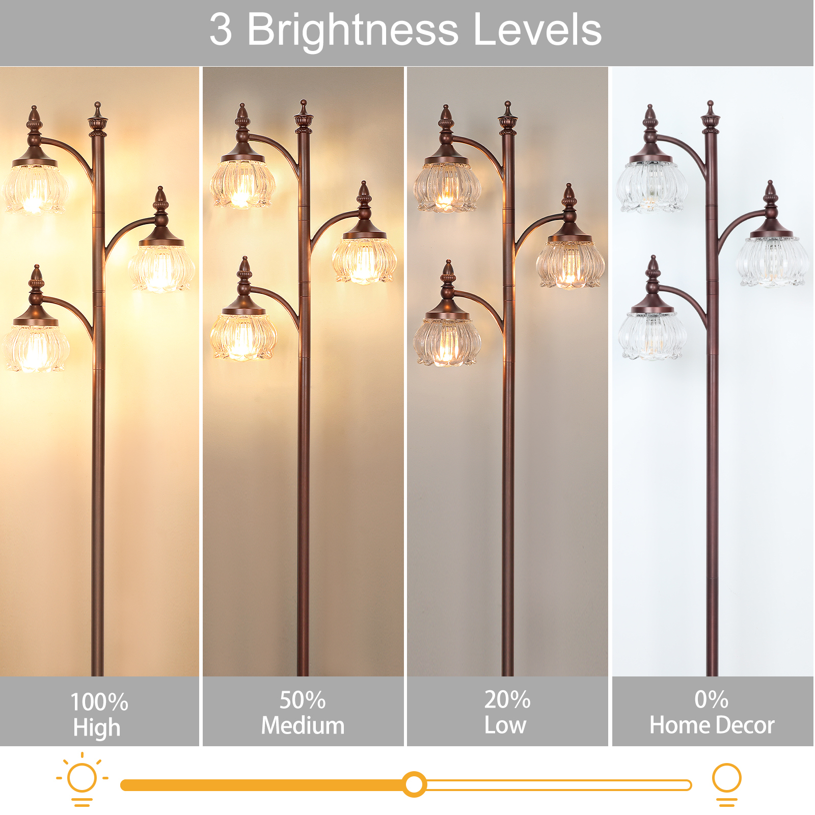 Metal & glass shade floor lamp 3 heads