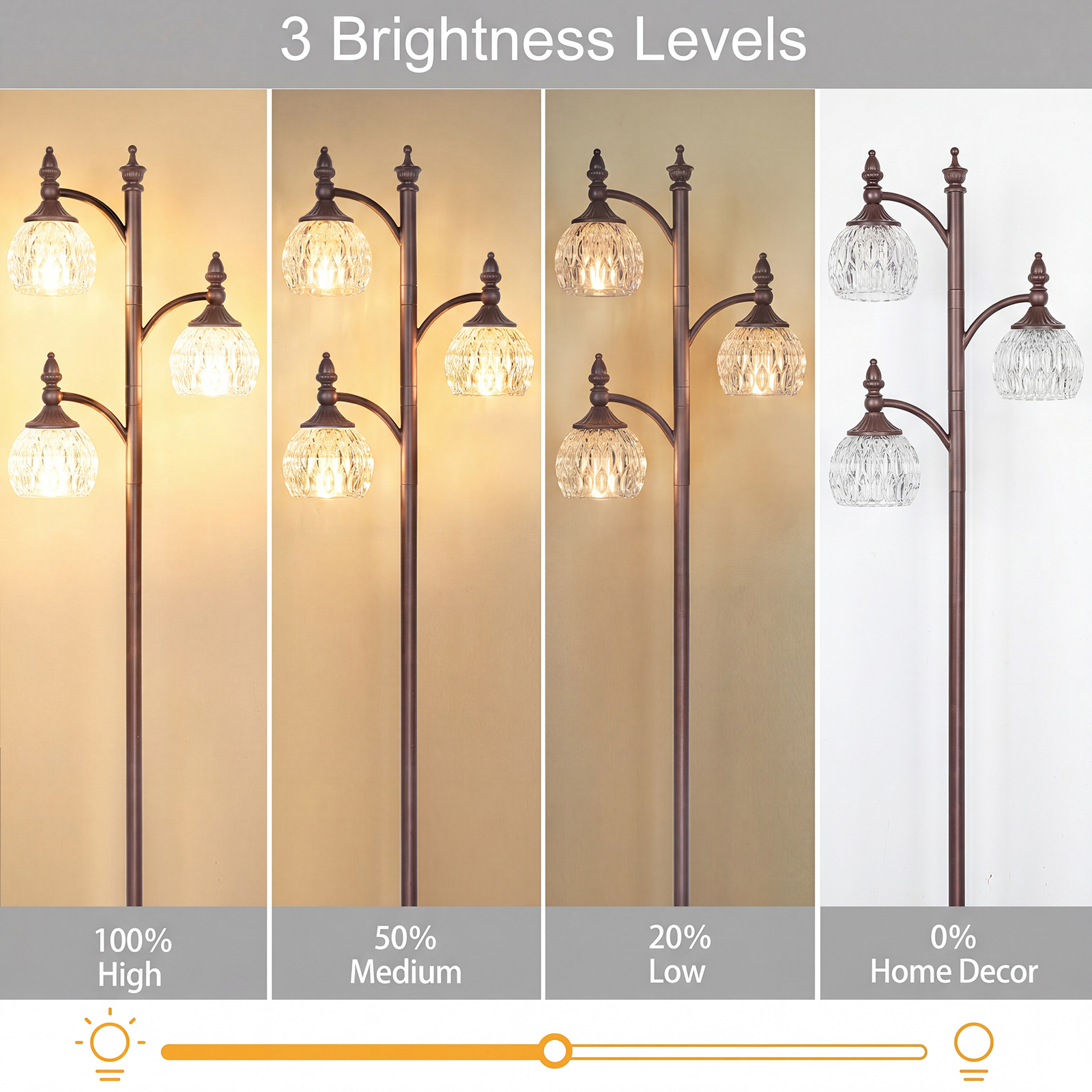 Metal & glass shade floor lamp 3 heads