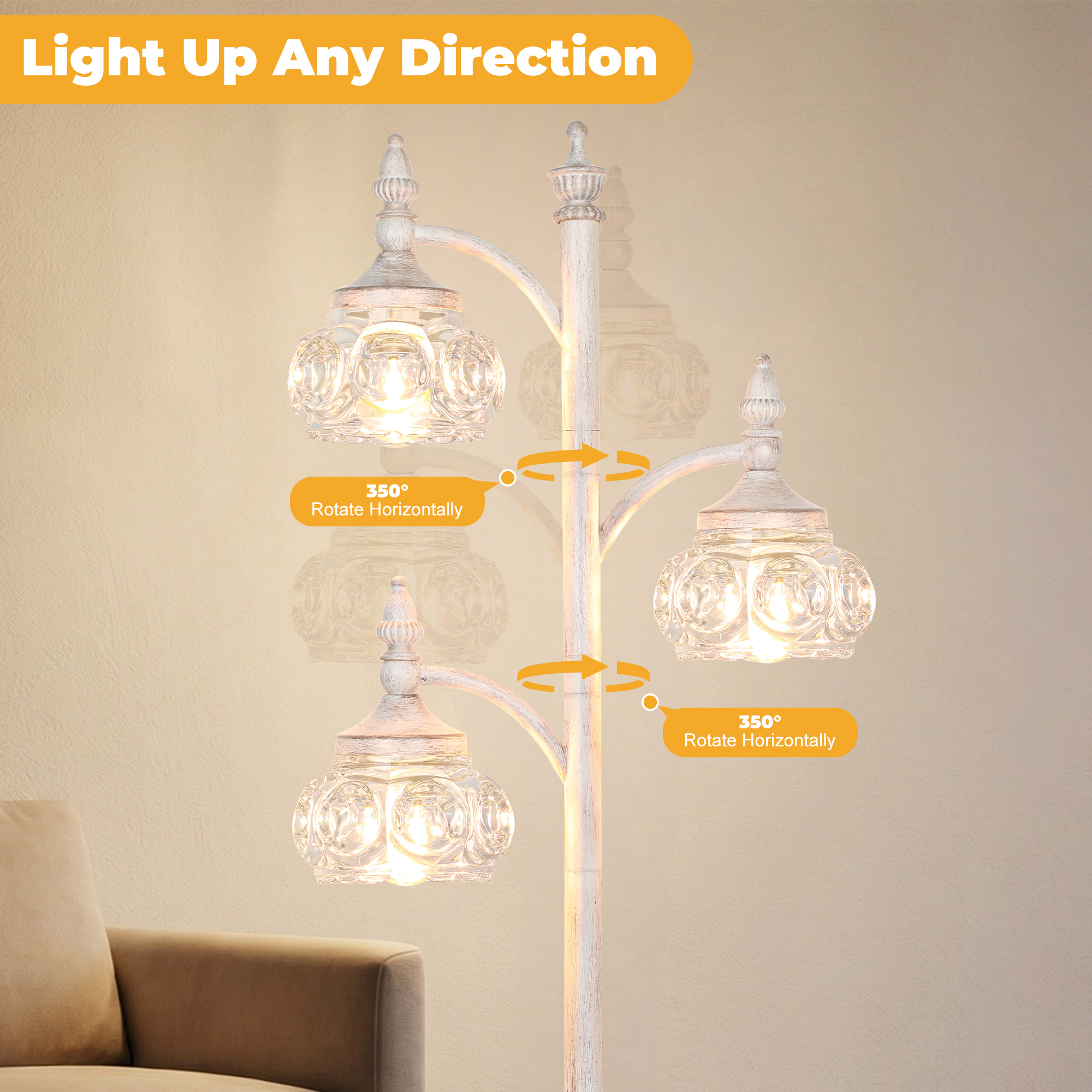 Metal & glass shade floor lamp 3 heads