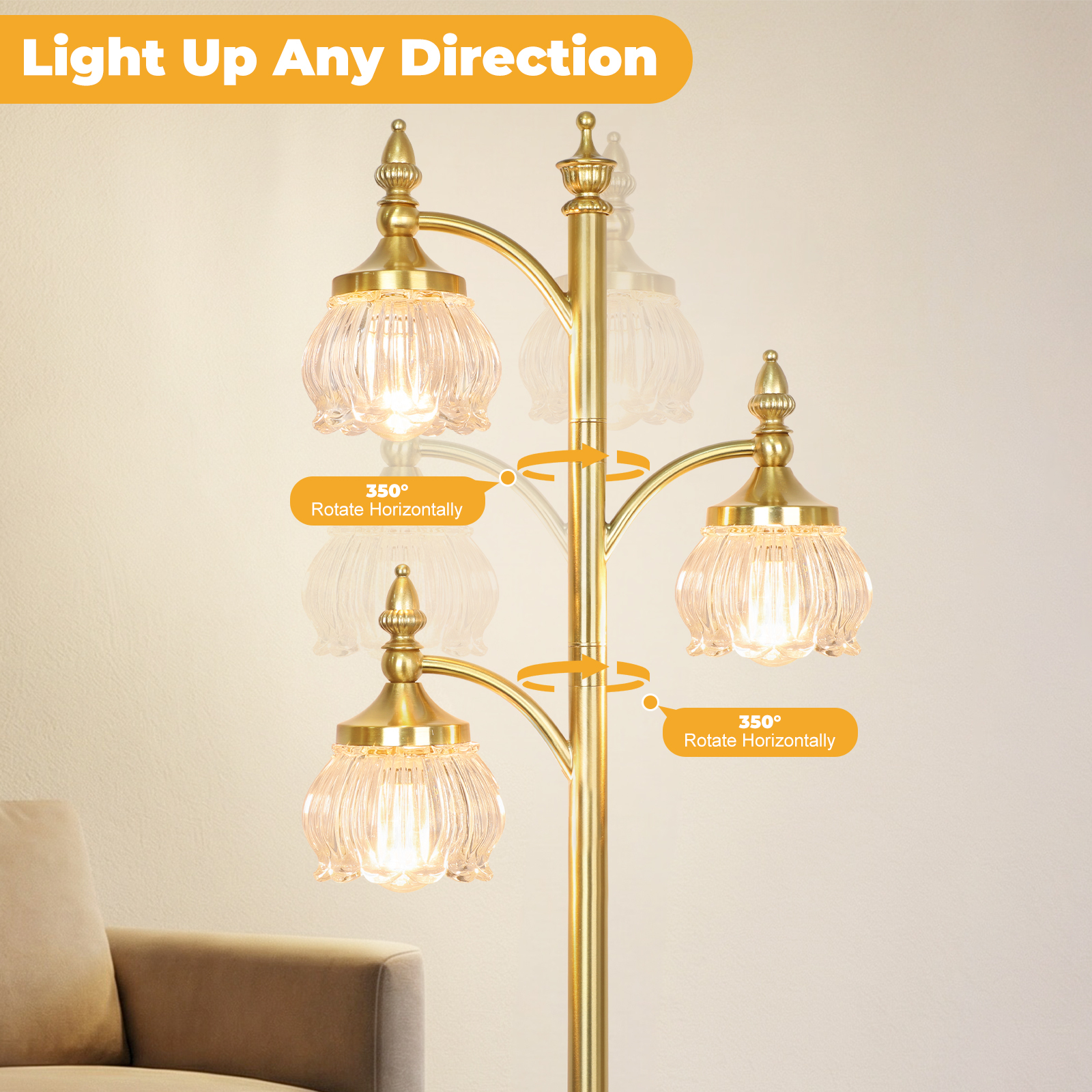 Metal & glass shade floor lamp 3 heads