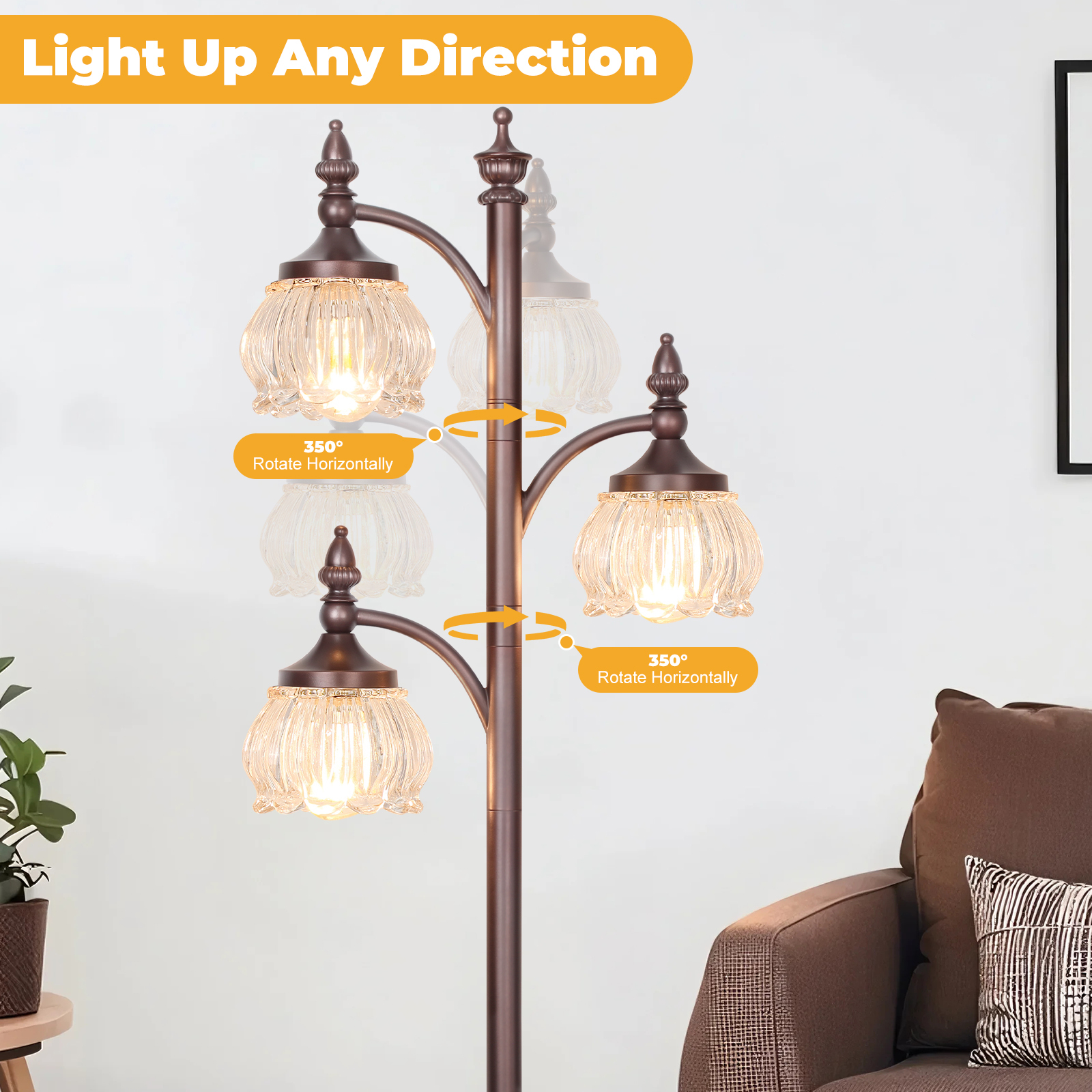 Metal & glass shade floor lamp 3 heads