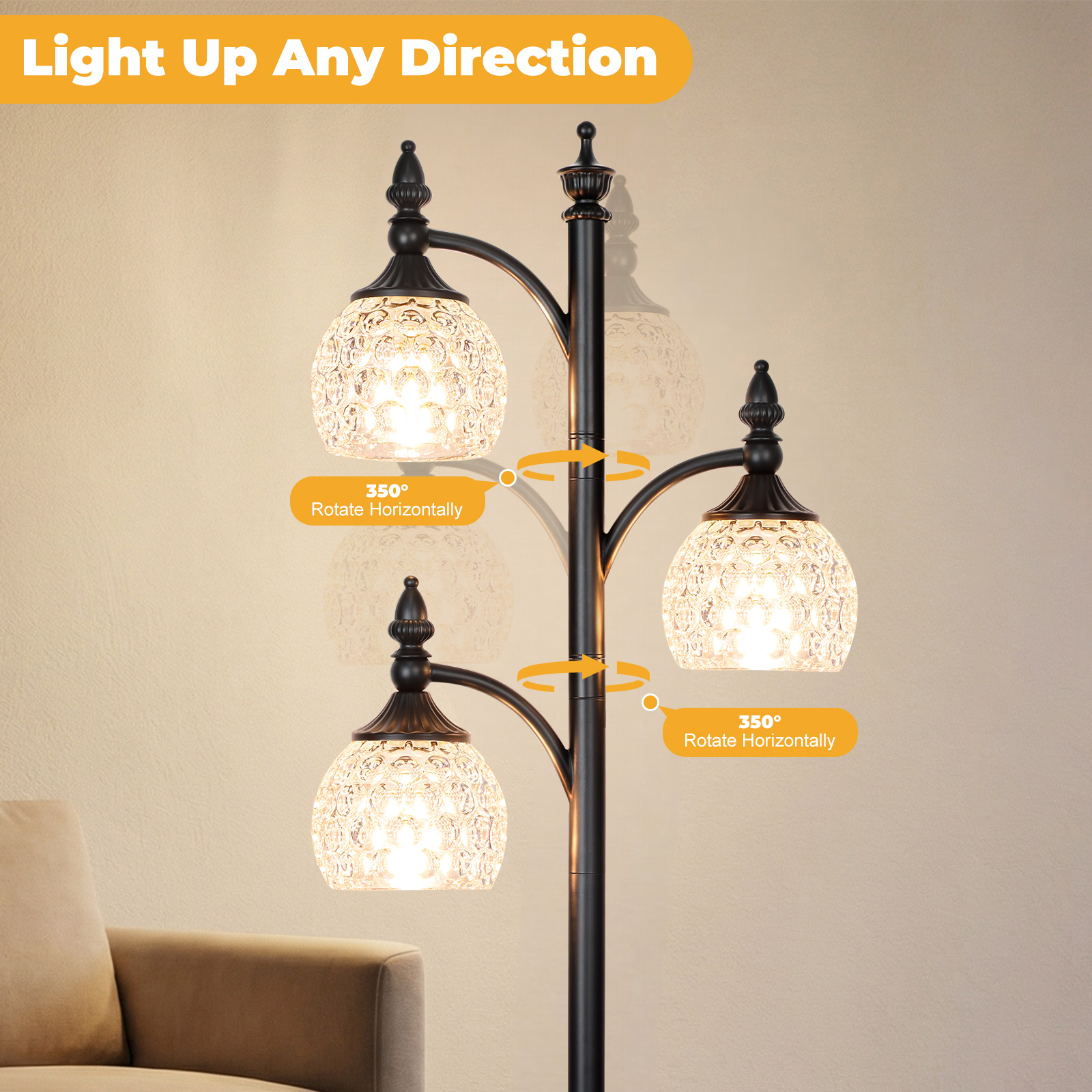 Metal & glass shade floor lamp 3 heads