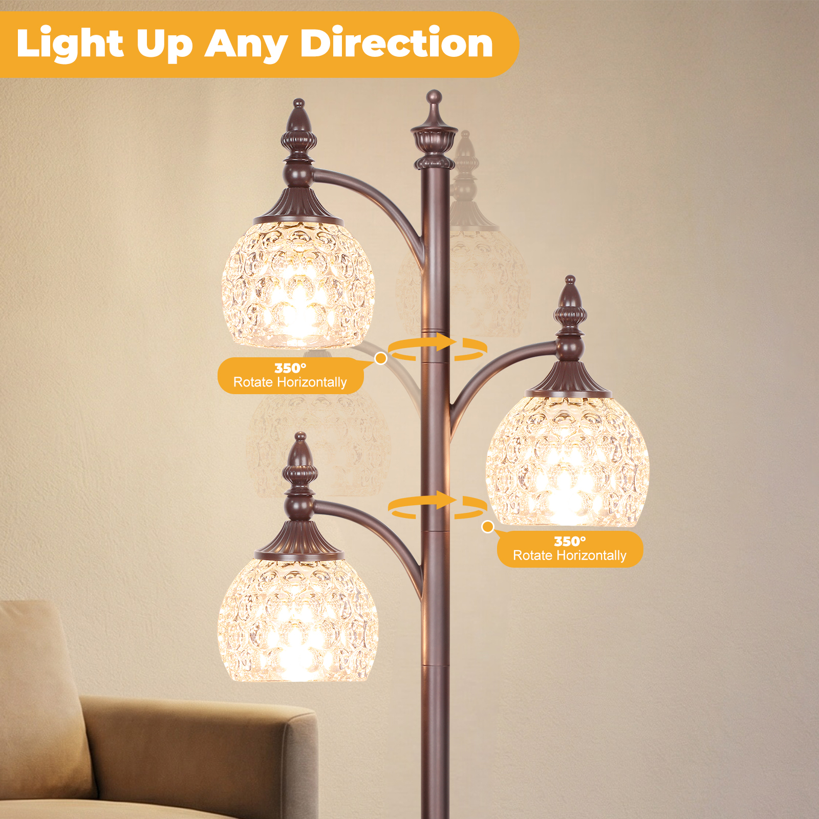 Metal & glass shade floor lamp 3 heads