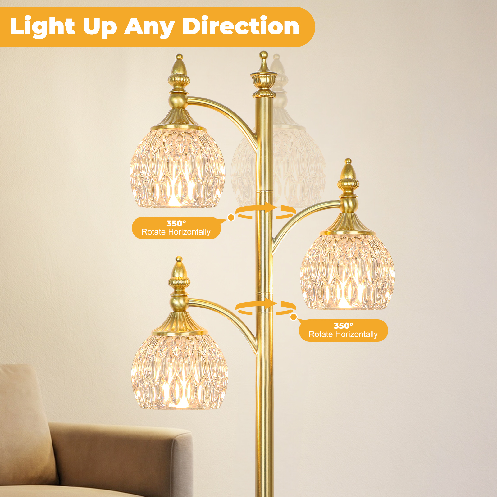 Metal & glass shade floor lamp 3 heads