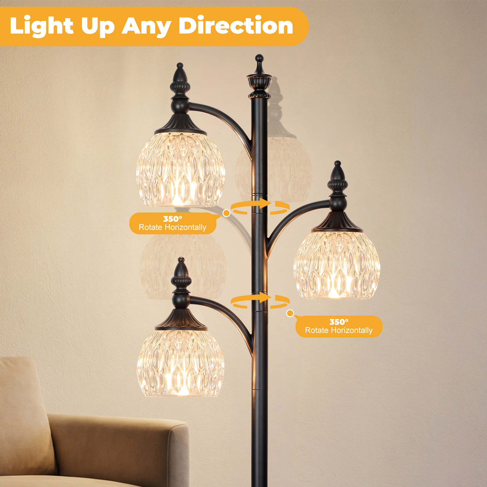 Metal & glass shade floor lamp 3 heads
