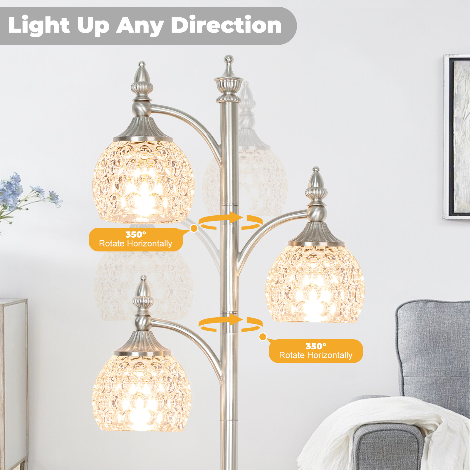 Metal & glass shade floor lamp 3 heads