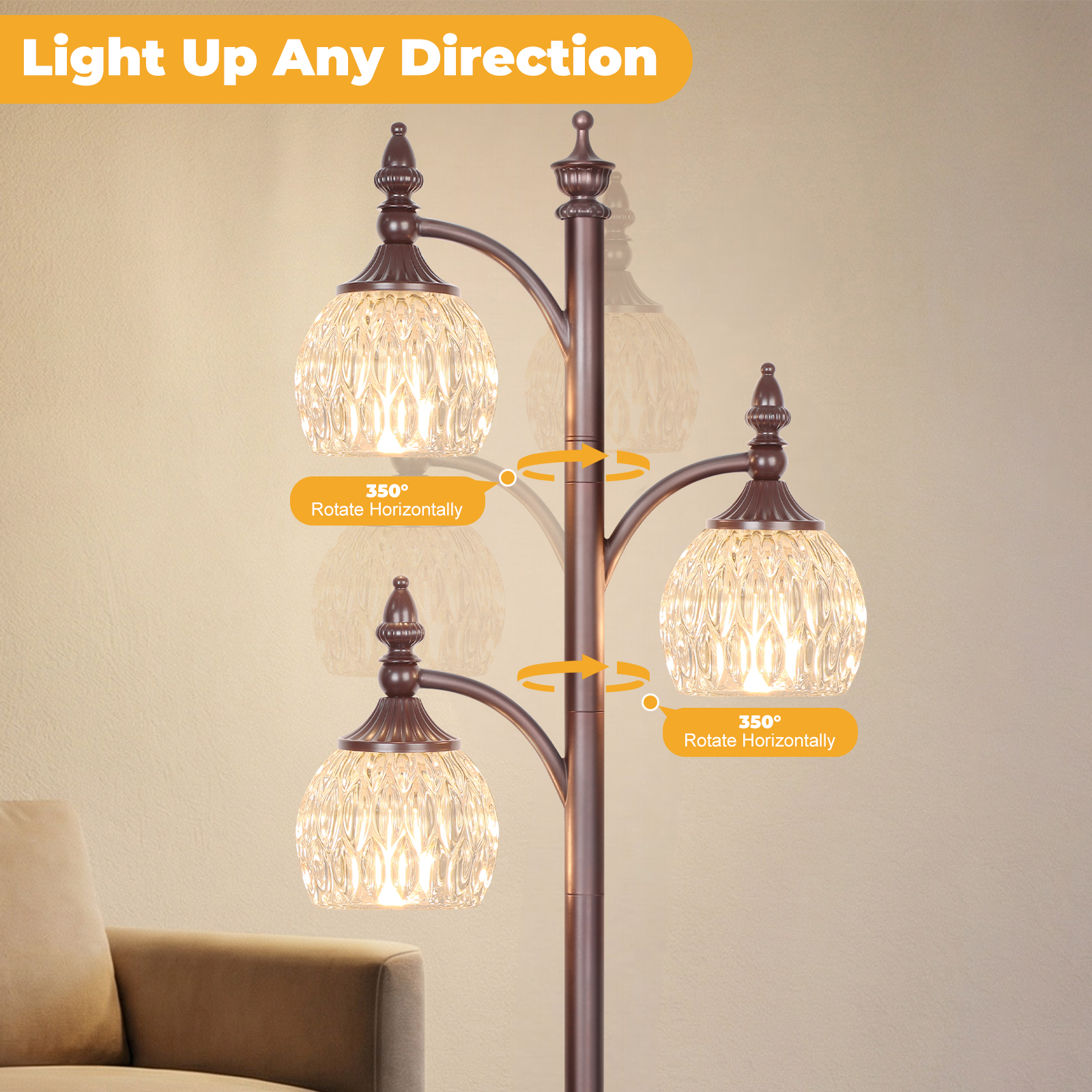 Metal & glass shade floor lamp 3 heads