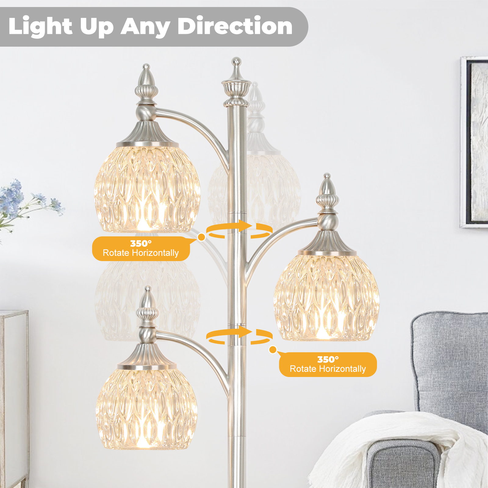Metal & glass shade floor lamp 3 heads