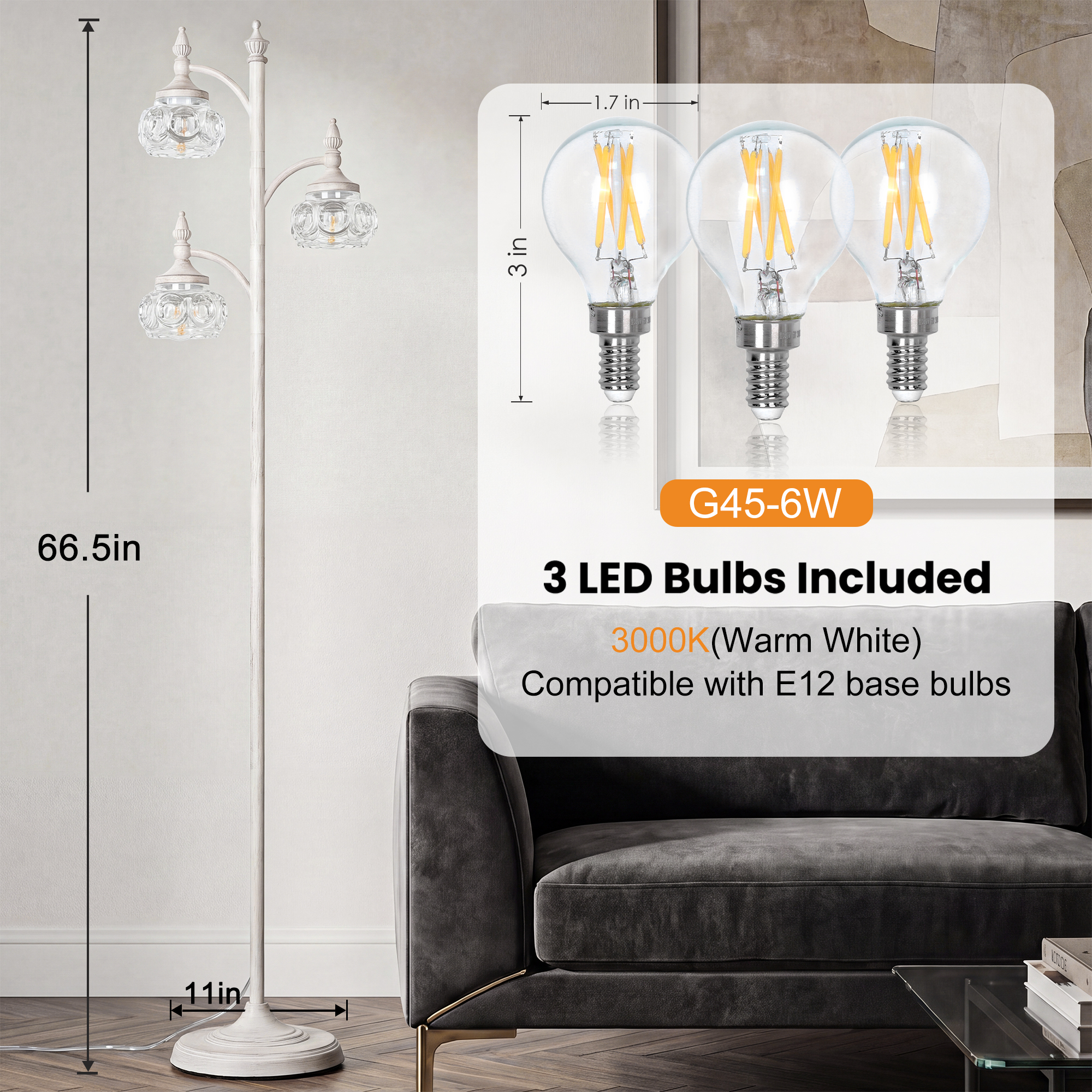 Metal & glass shade floor lamp 3 heads