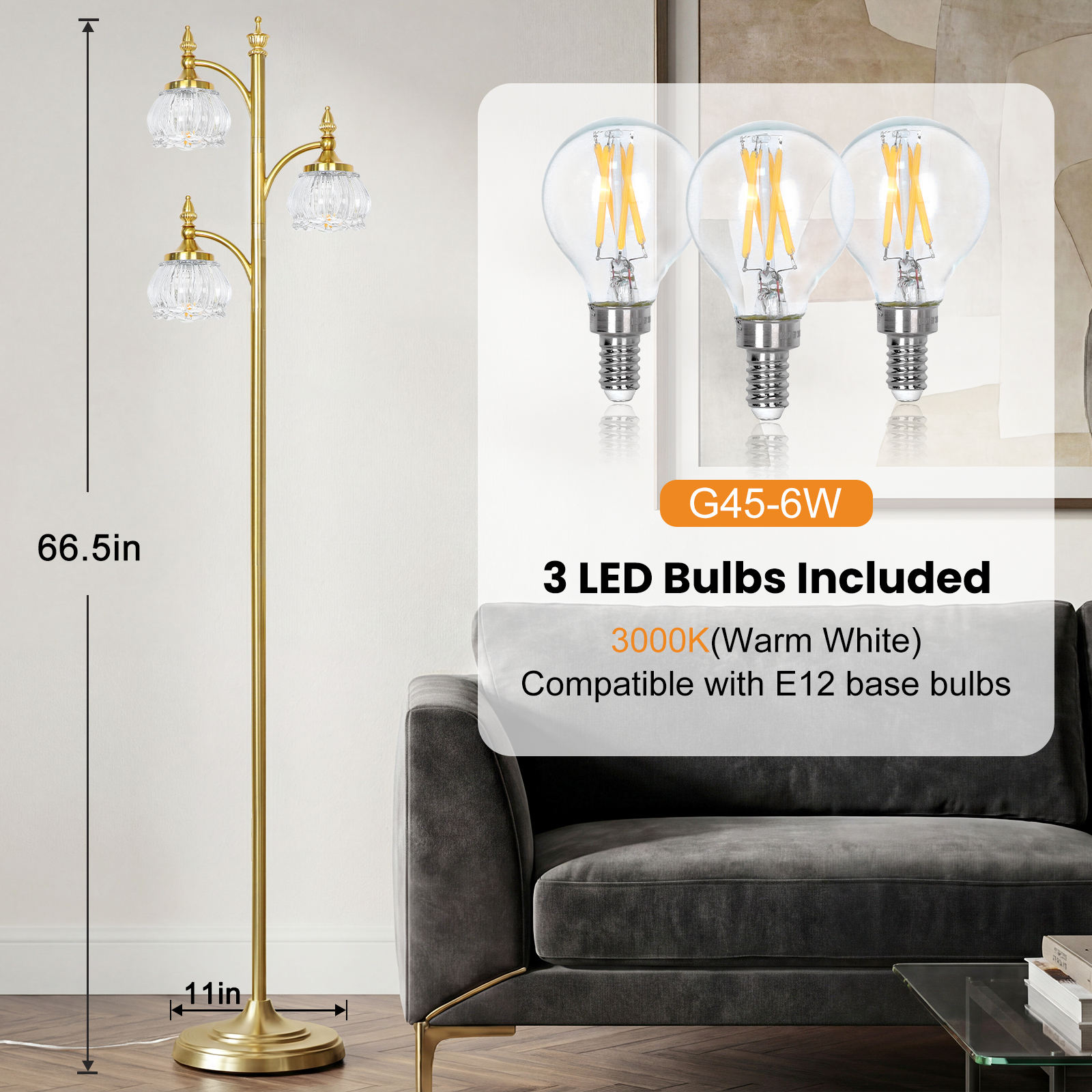 Metal & glass shade floor lamp 3 heads