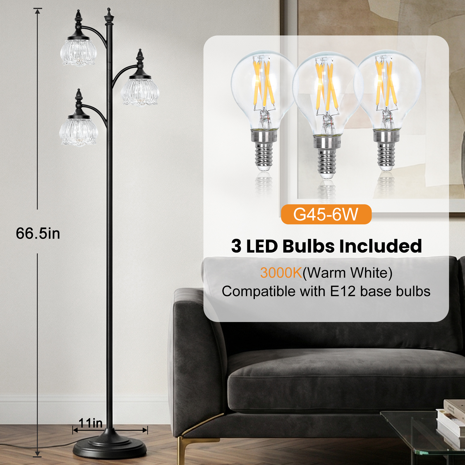 Metal & glass shade floor lamp 3 heads