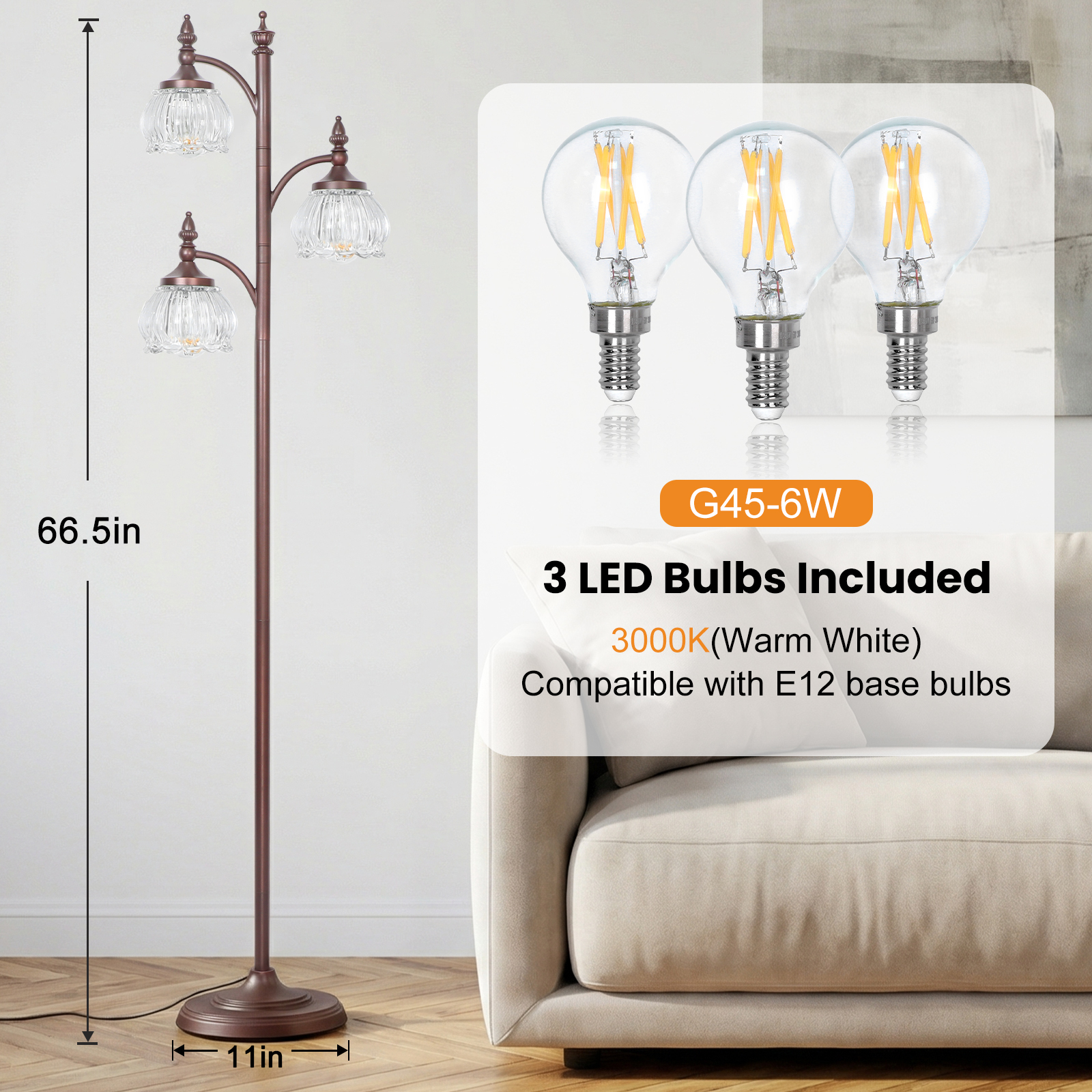 Metal & glass shade floor lamp 3 heads