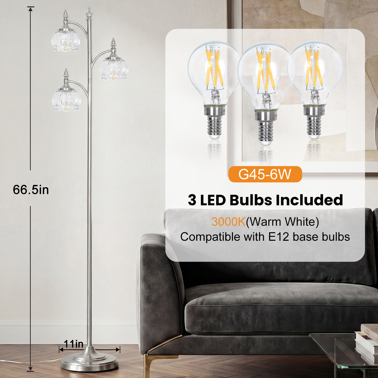 Metal & glass shade floor lamp 3 heads