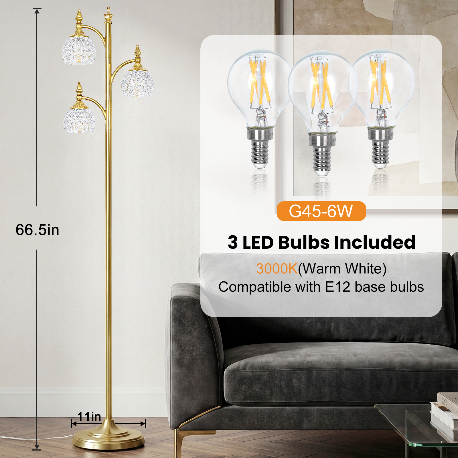 Metal & glass shade floor lamp 3 heads