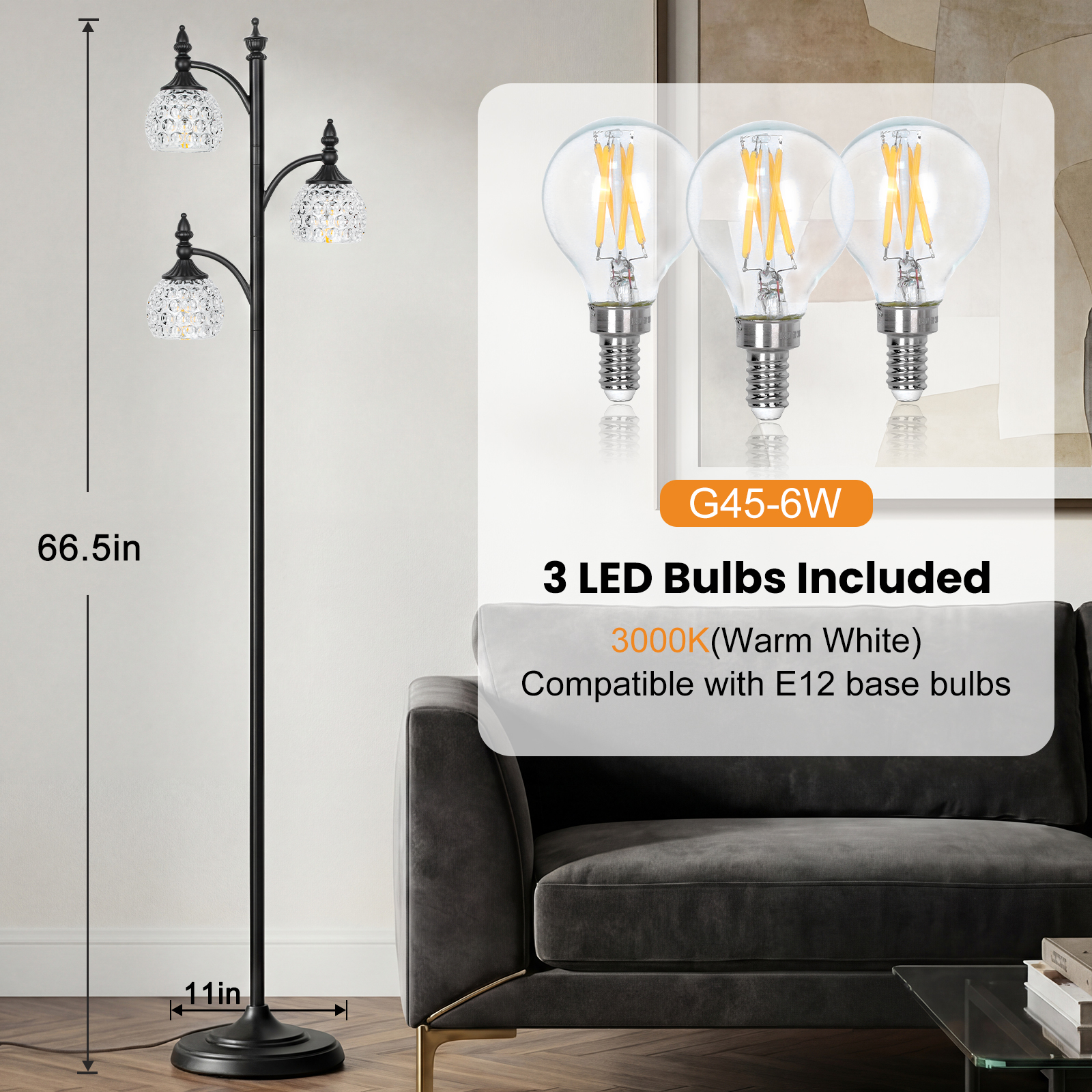 Metal & glass shade floor lamp 3 heads