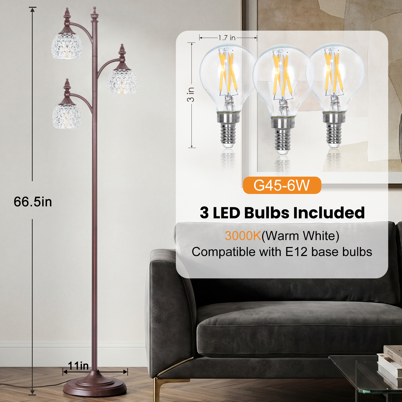 Metal & glass shade floor lamp 3 heads