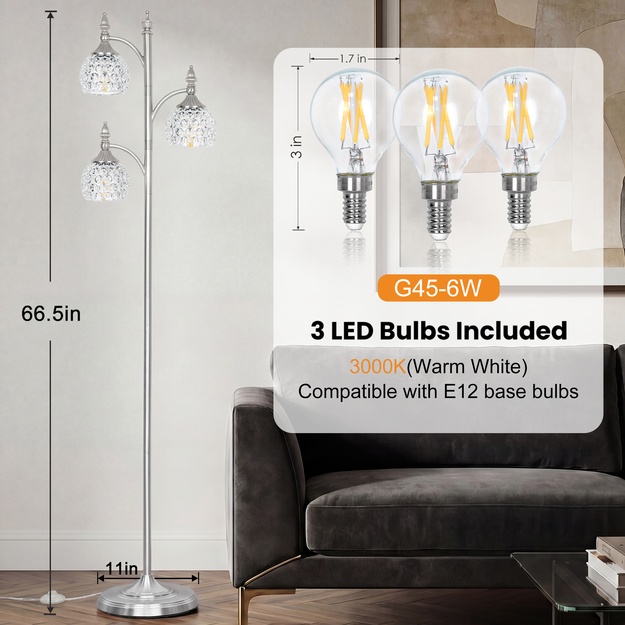 Metal & glass shade floor lamp 3 heads