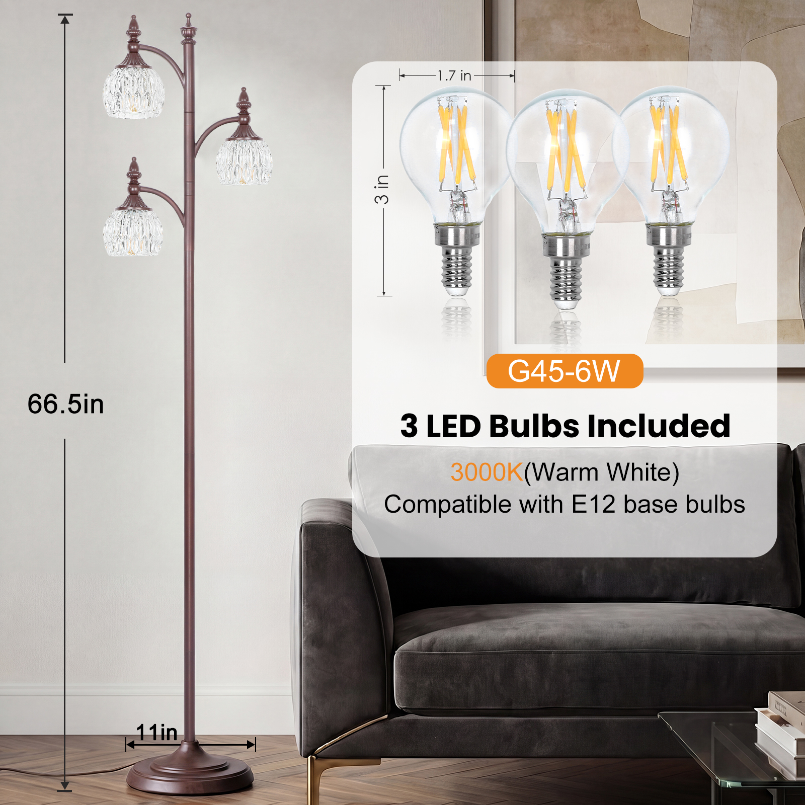 Metal & glass shade floor lamp 3 heads
