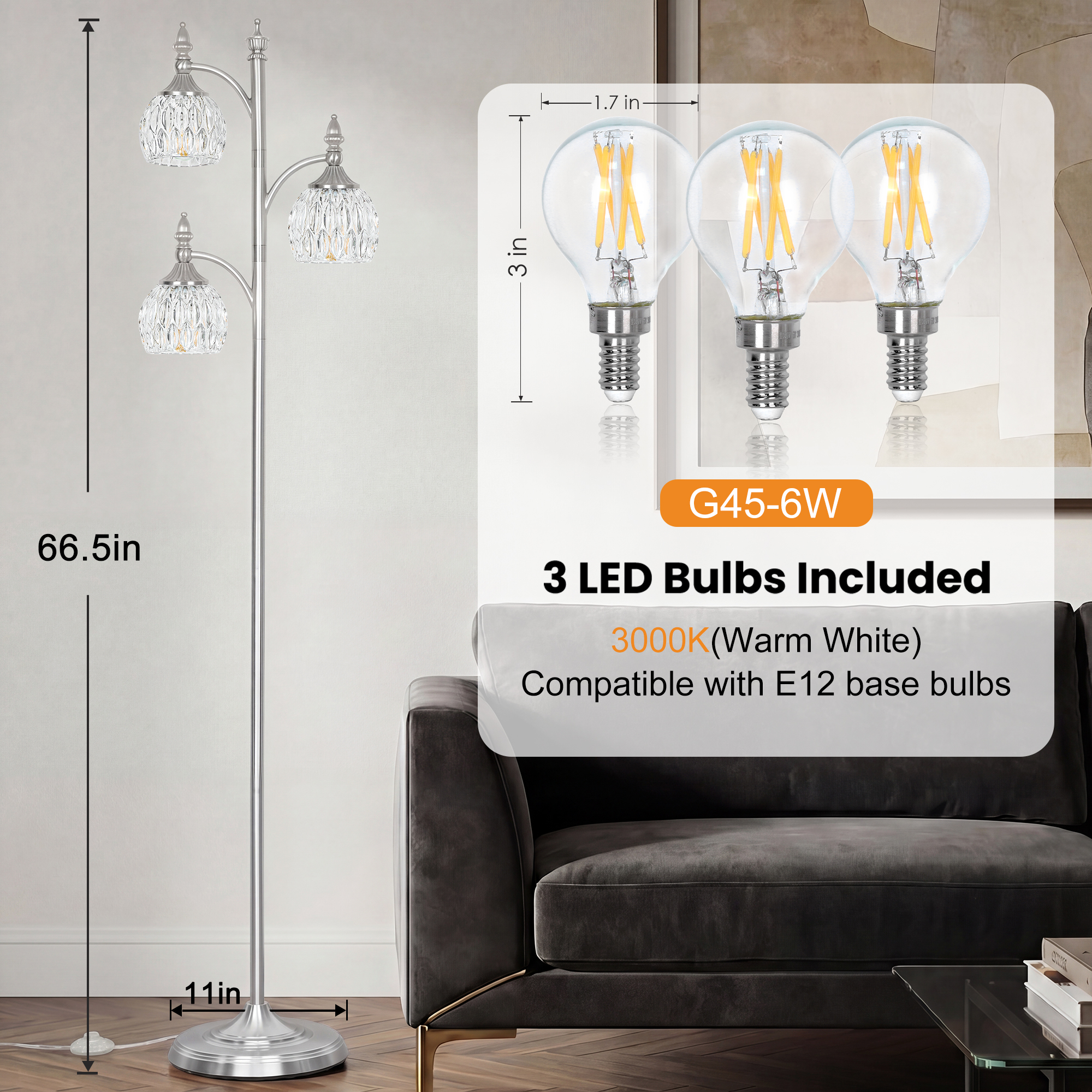 Metal & glass shade floor lamp 3 heads